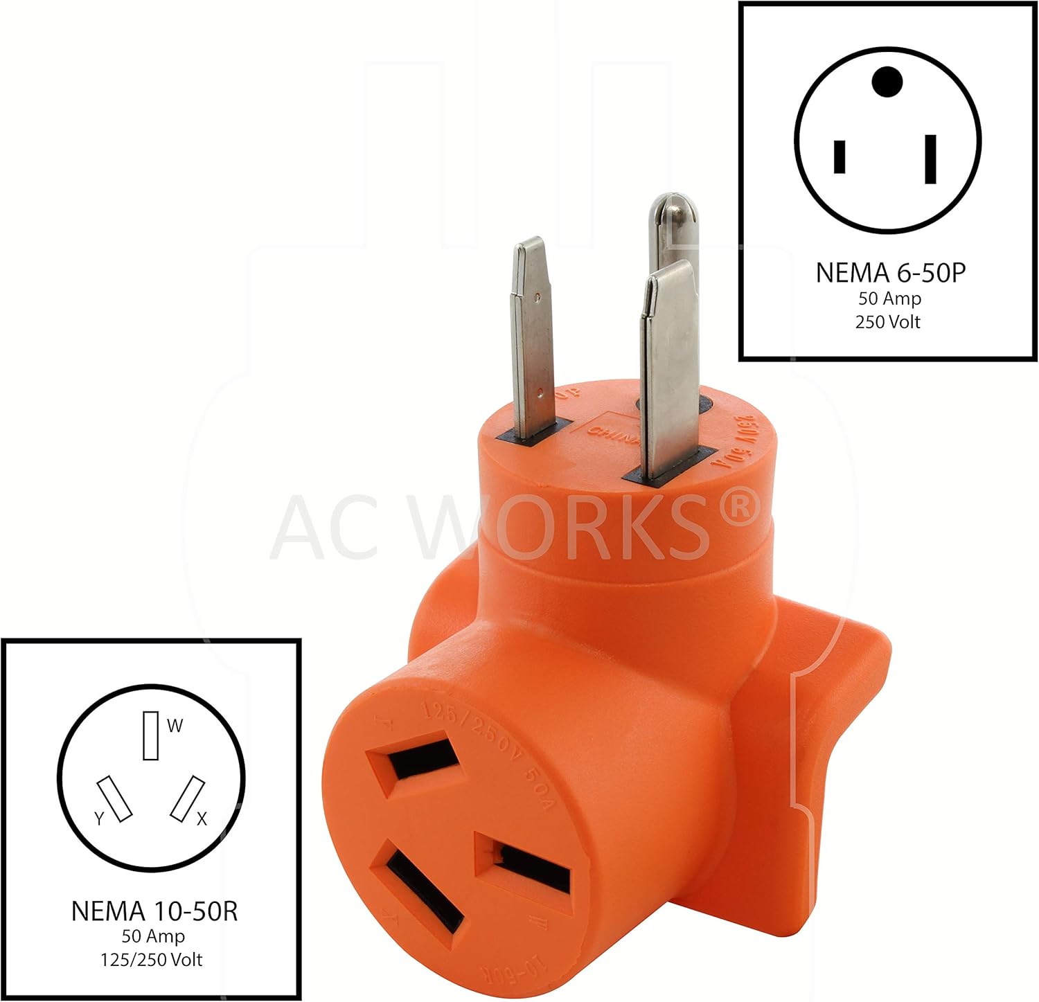 AC WORKS [WD6501050] 6-50P Welder Plug to 10-50R 3-Prong 50A 125/250 Volt Older Dryer/Range Adapter