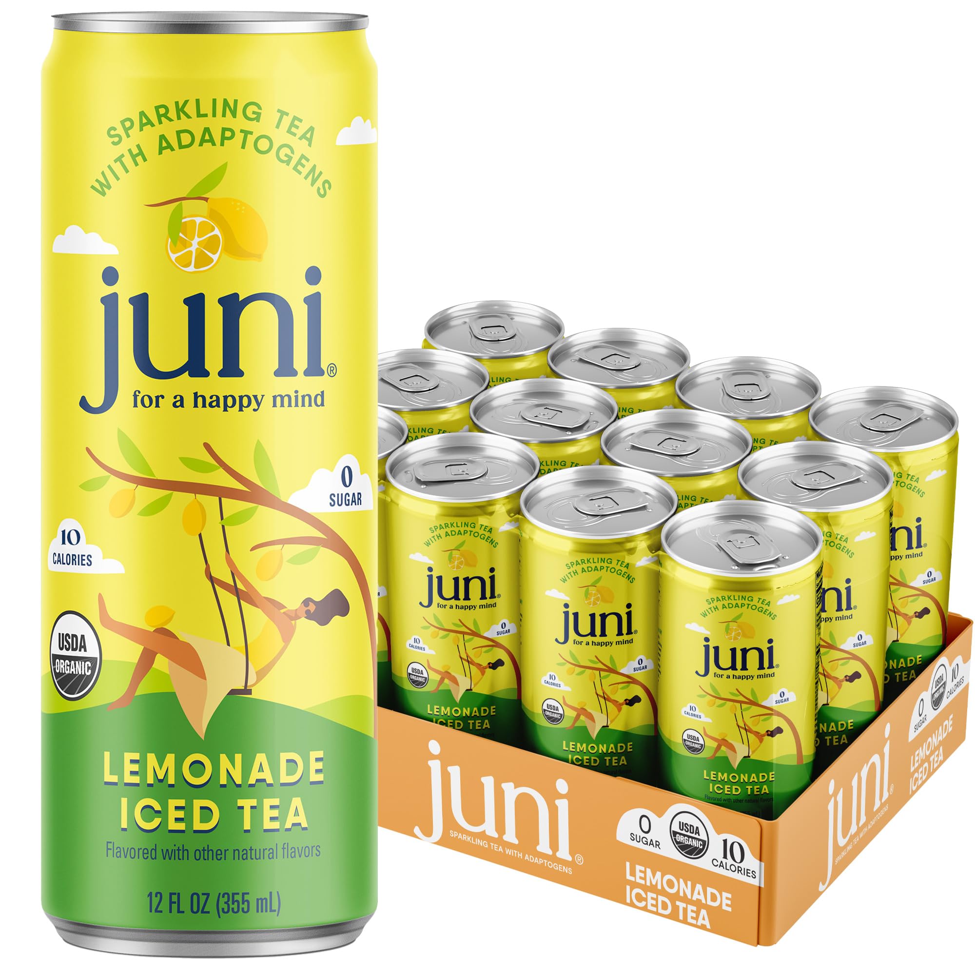 Juni Sparkling Adaptogen Drink with Ashwagandha, Lion’s Mane & Reishi Mushrooms, Green Tea for Focus, Zero Sugar, 10 Calories, Organic Non Alcoholic