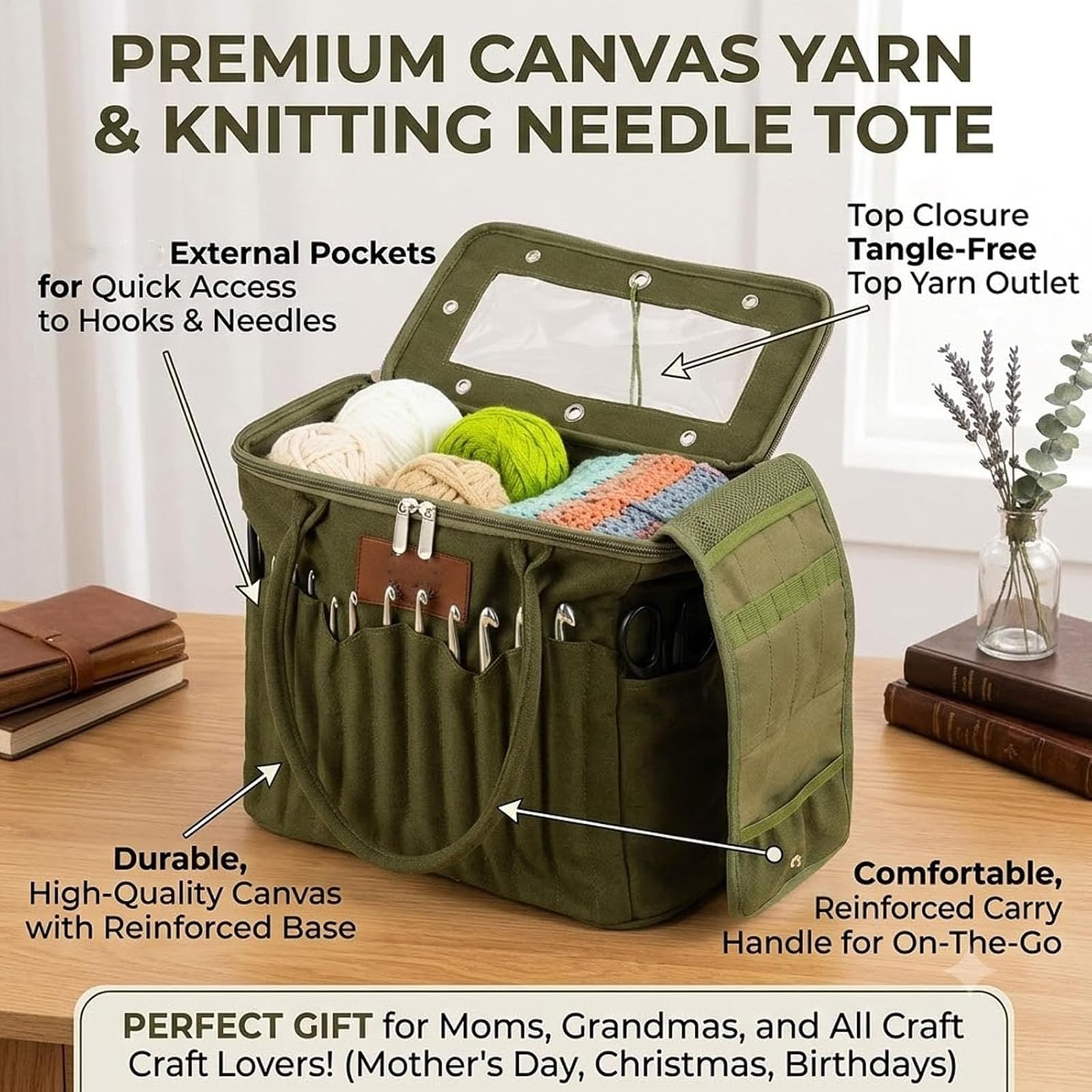 Große Canvas-Garn-Aufbewahrungstasche mit mehreren Taschen und Garnlöchern (Green)