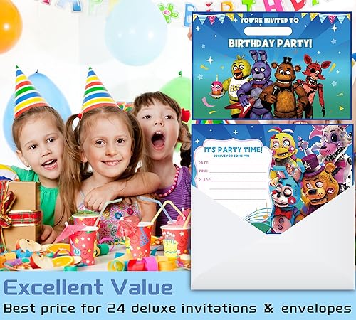 Miniatura 5 de Tarjetas de invitación para fiesta de cumpleaños de dibujos animados, 24 tarjetas de invitación para fiestas infantiles con 24 sobres blancos,