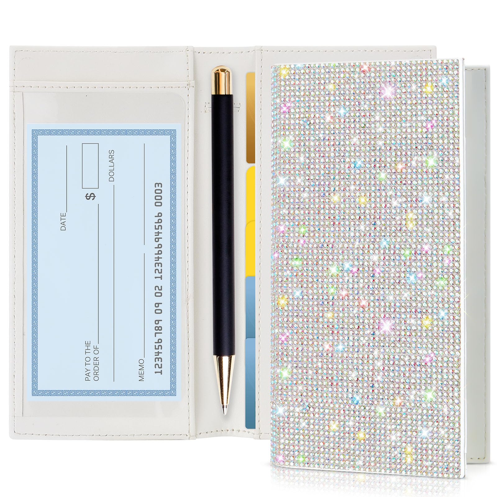 Rhinestone Checkbook Cover for Women, Rfid Blocking PU Wallet, Sliver