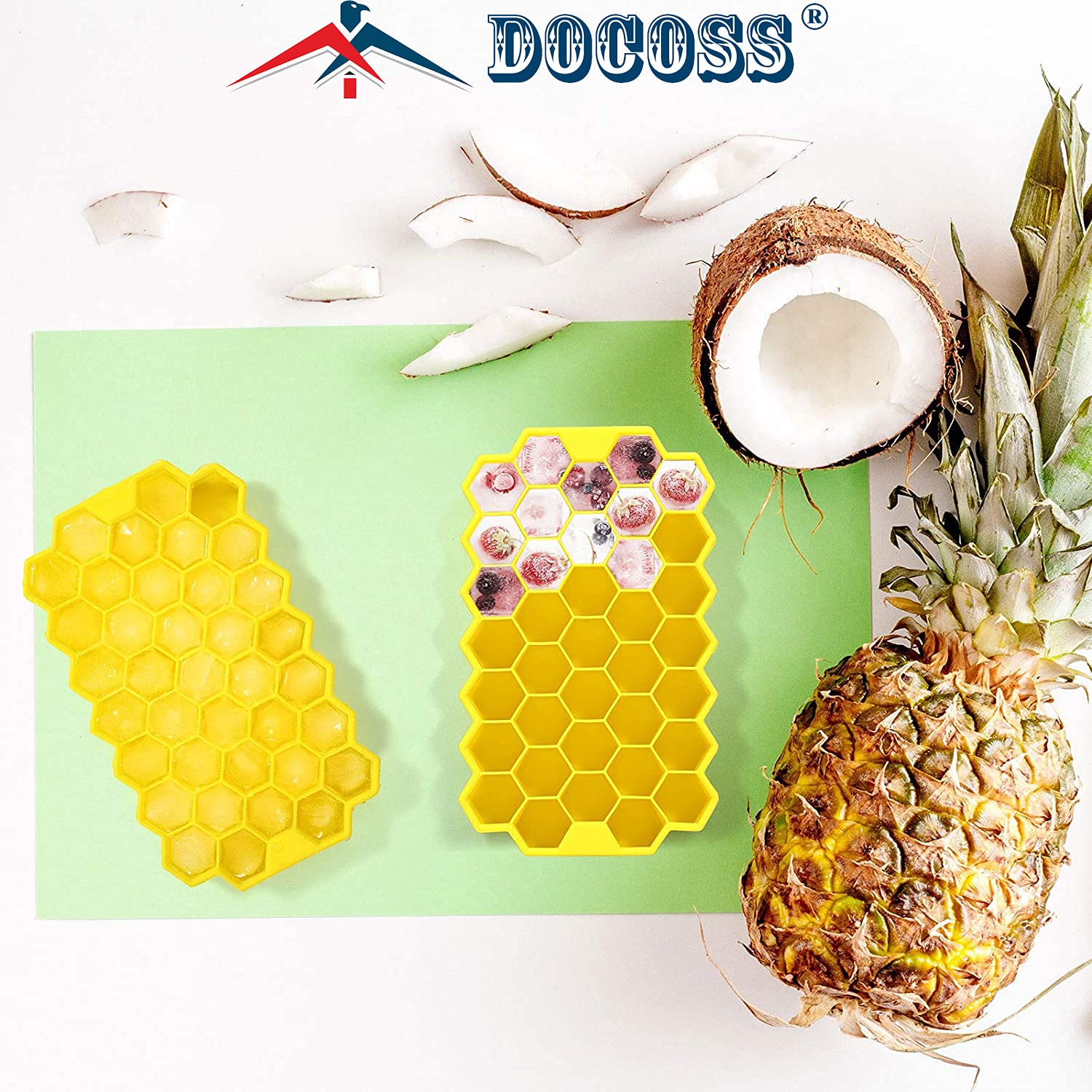 DOCOSS Paquete de 3 moldes de silicona para cubitos de hielo de alta calidad, bandeja de hielo de silicona de 37 cavidades para congelador, bandejas de cubitos de hielo con tapa (multicolor)
