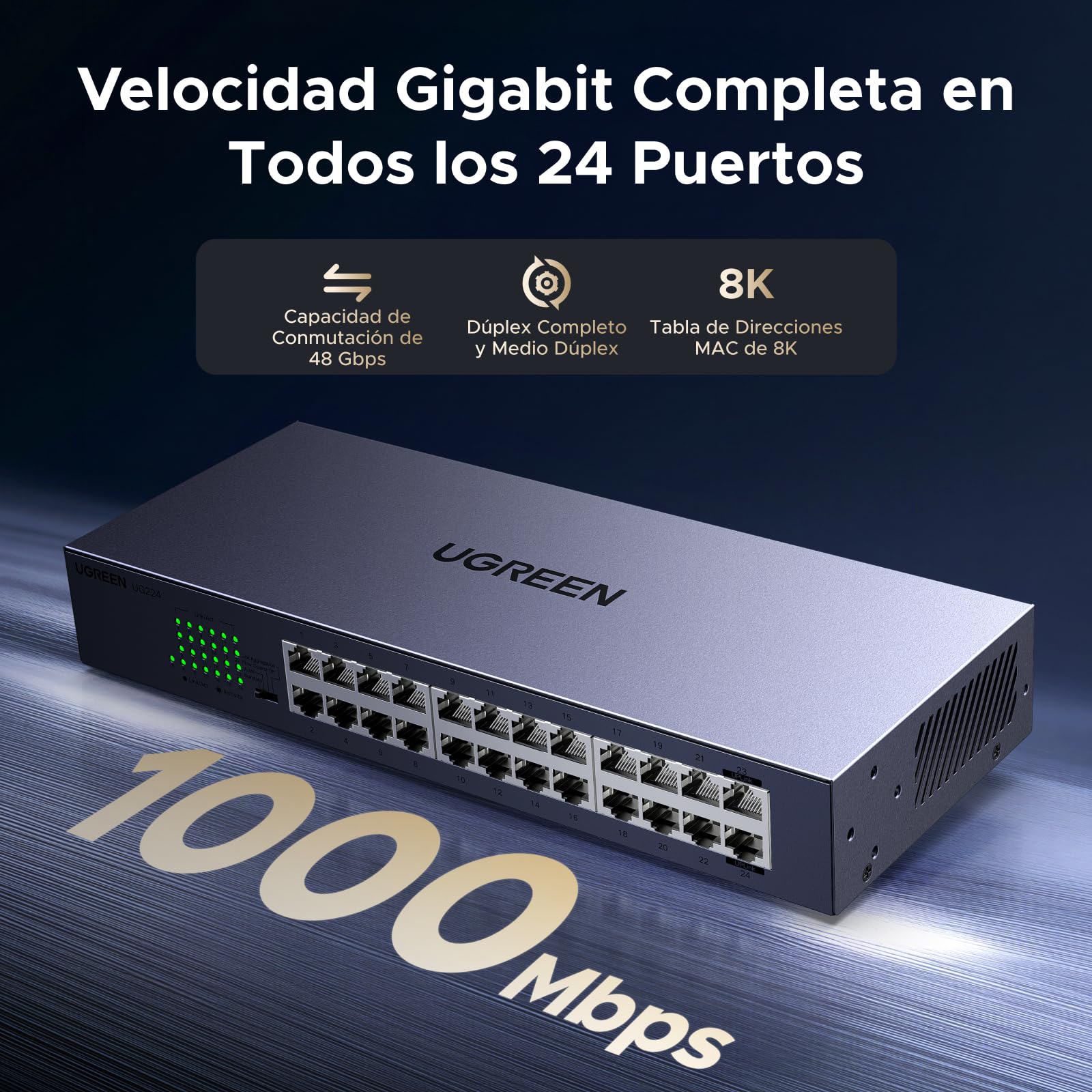 UGREEN Switch Ethernet Gigabit 24 Puertos Montaje en Sobremesa o Pared | Ethernet 1000Mbps Hub Red LAN Splitter para Oficina y Hogar Multipuerto RJ45 Compatible con PC TV Impresora Cámara Router