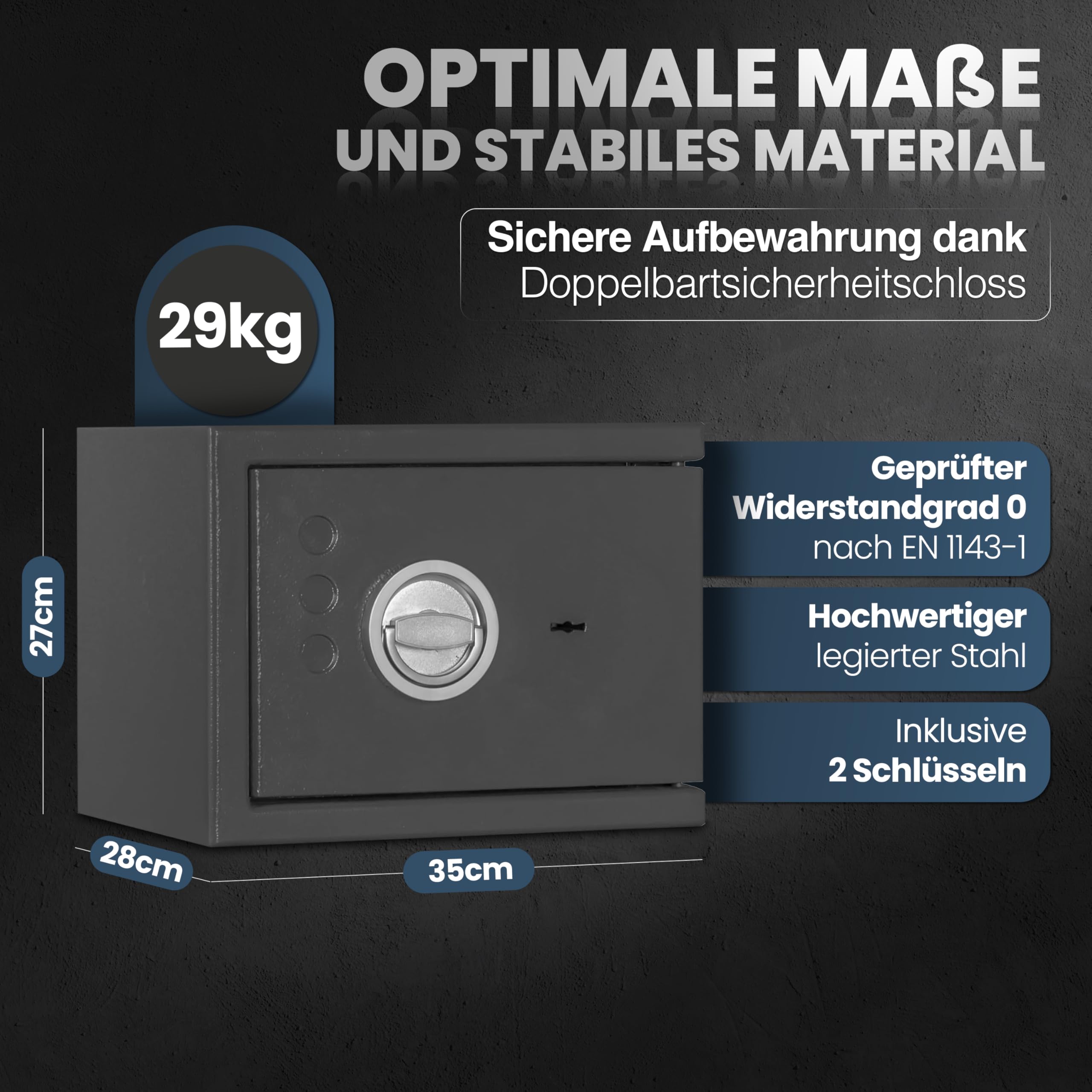 Kurzwaffenschrank EN 1143-1 Klasse 0, Kurzwaffentresor mit Schlüsselschloss, Widerstandsgrad 0, Einbruchschutz EN 1143-1, Tresor KWT 800