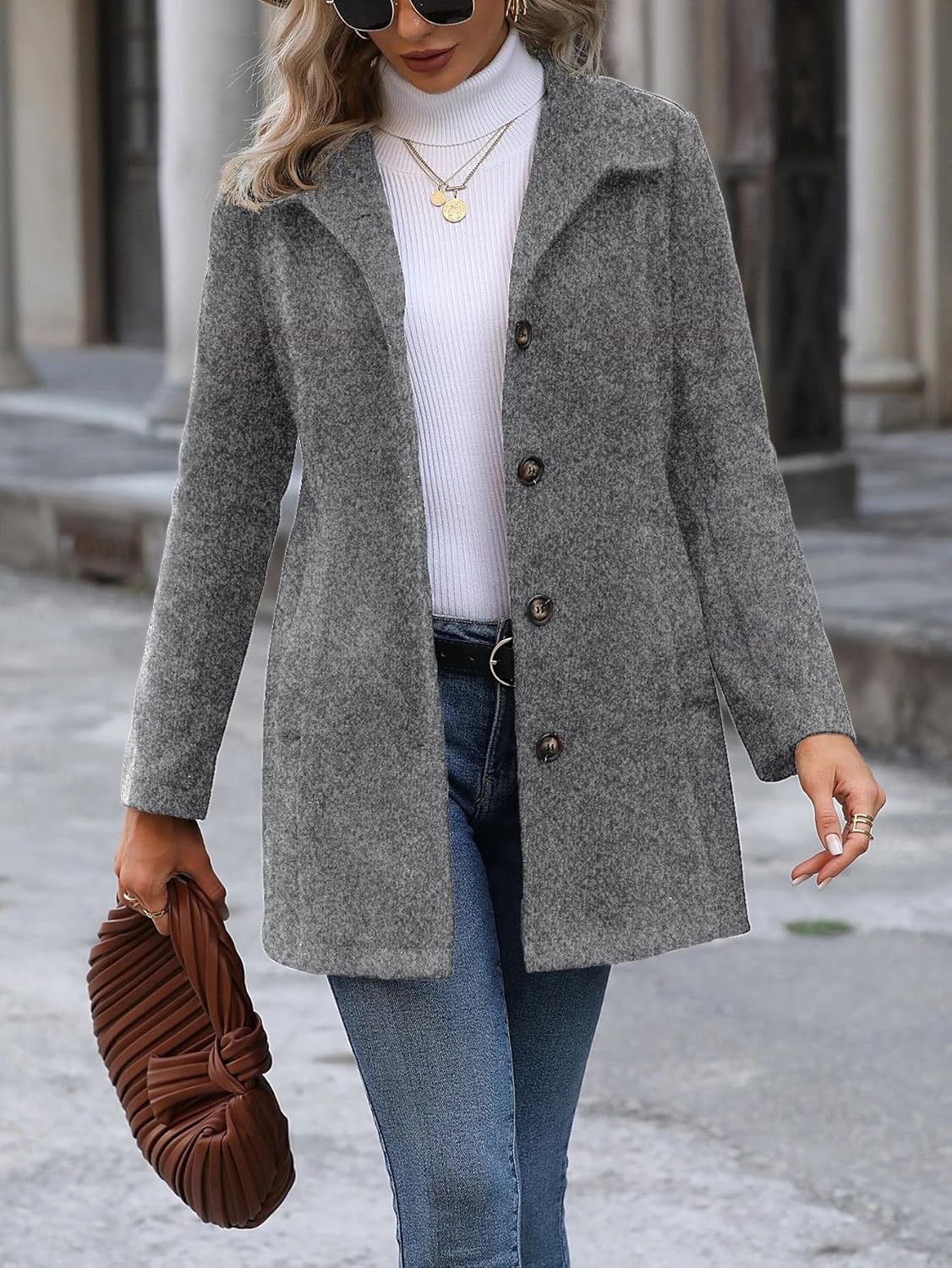 Women's Trench Coat Collar Button Front Pocket Side Casual OverCoat Long Sleeve Classic Overcoat