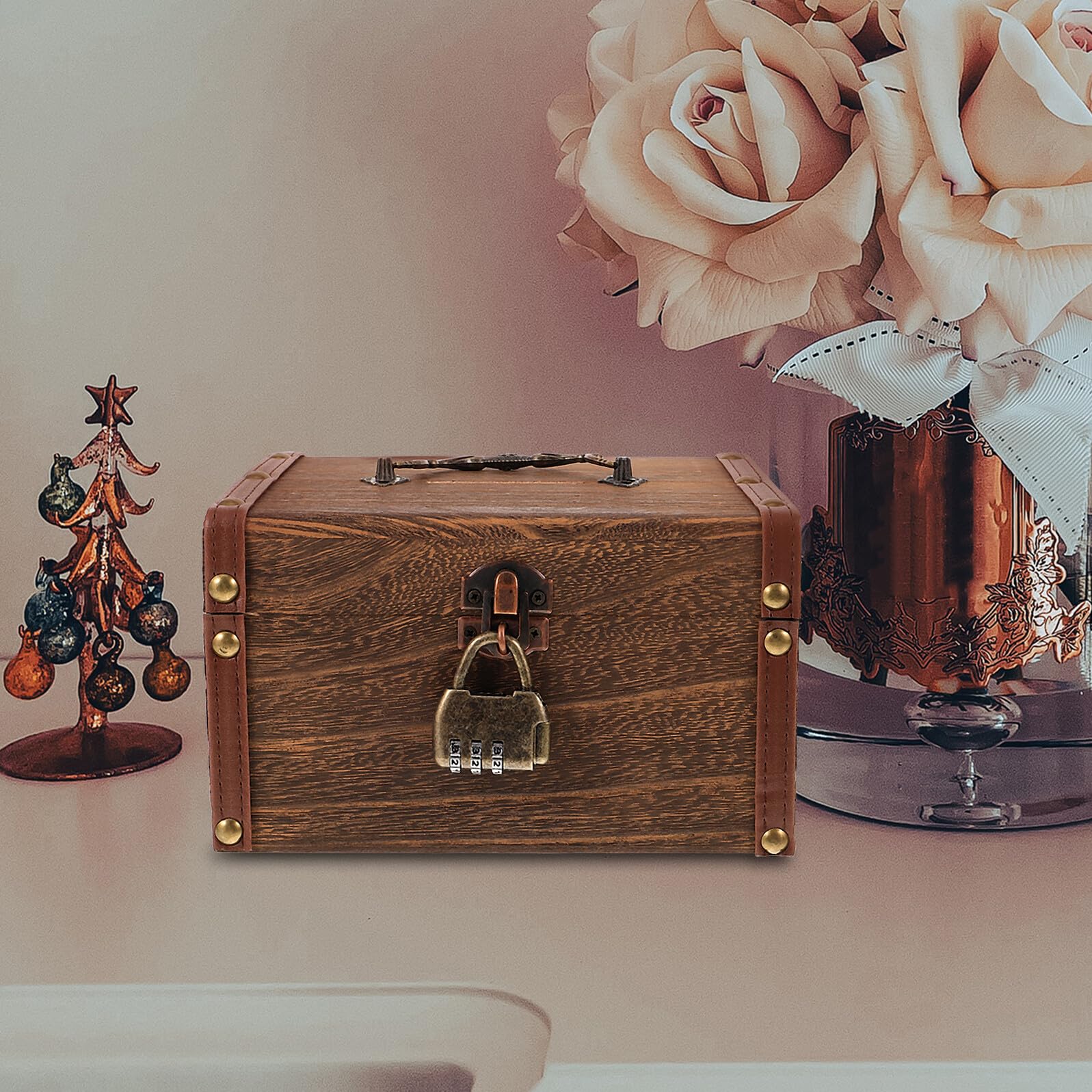 Retro Holzbox mit Schloss, Antike Aufbewahrungsbox für Haushalt