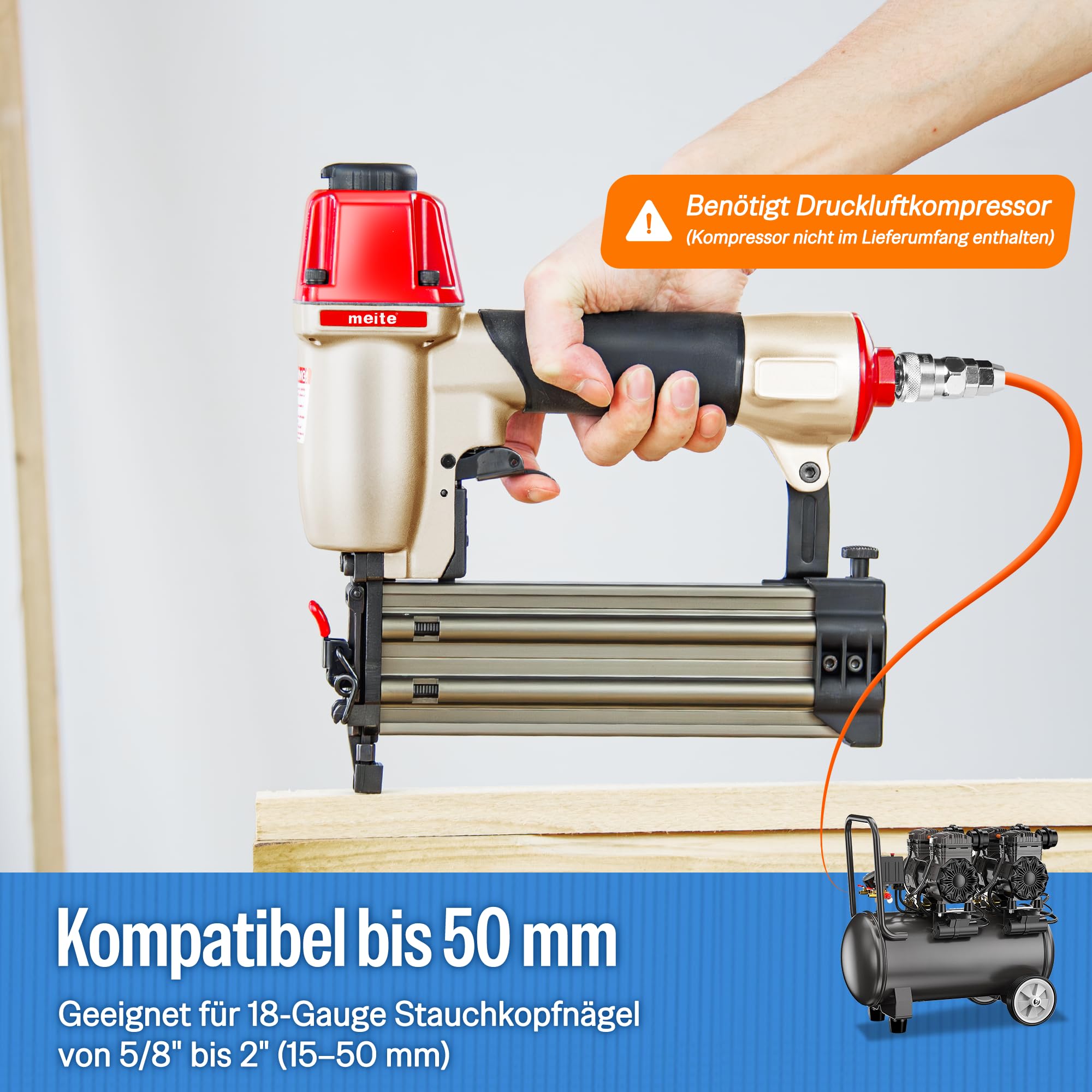meite F50C Druckluftnagler mit Sicherheitsnase, Druckluft Nagelpistole für Stauchkopfnägel 18GA 15-50mm, Tiefeneinstellung max. 7 bar Stauchkopfnagler, Ideal für Zierleisten, Holzarbeiten
