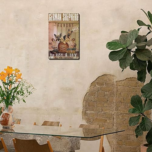 Miniatura 6 de Cartel de metal retro para decoración de pared, diseño de pastor alemán, lavandería lavar y secar todas las variedades de piel, restaurando el