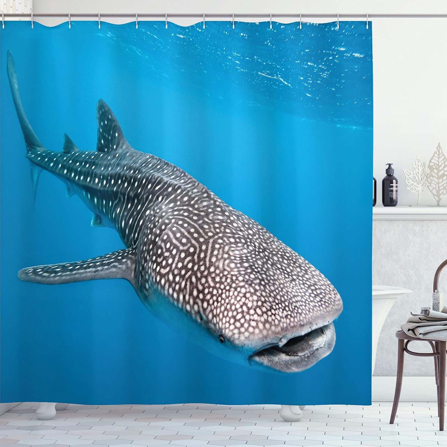 Ambesonne Sea Animals Shower Curtain, Whale Shark Swimming Predators Hunter Clear Water Under The Sea Picture Print, Cloth Fabric Bathroom Decor Set with Hooks, 69" W x 70" L, Dimgray Blue
