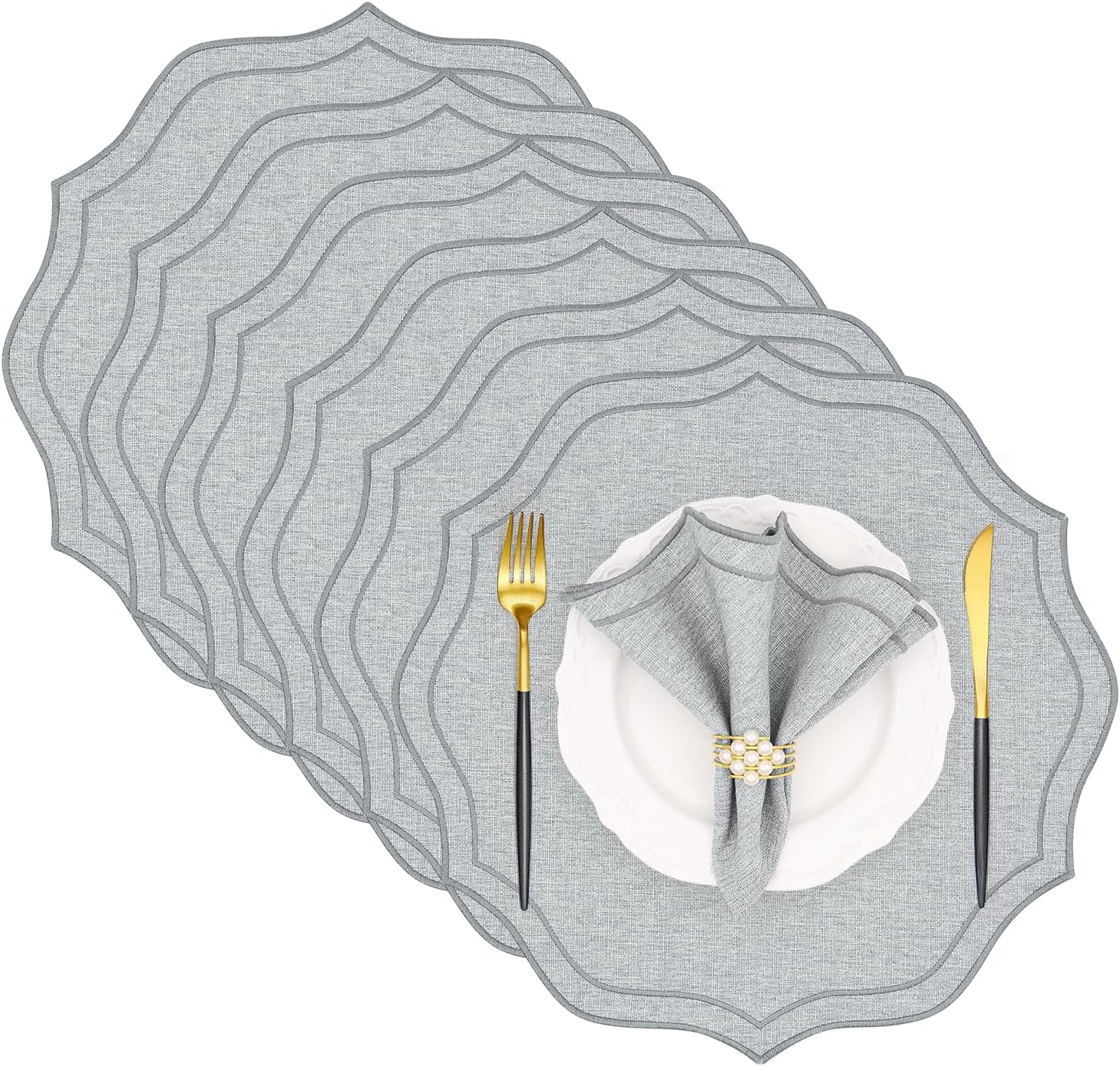 Cotton Linen Round Placemats Set of 6, HADEEONG Table Mats Cloth Placemats, Washable Wrinkle Resistance, Scalloped & Embroidered Fabric Placemats, 15.5 inch (Light Grey, 6)