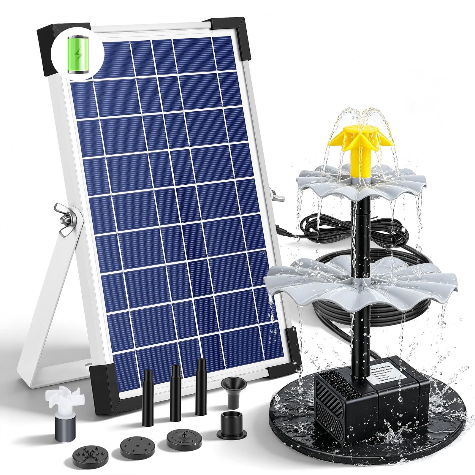 10W Solar Pond Fountain, with Solar Water Pump with 1500mAh Battery Backup, 9 Nozzles Solar Fountain 250L/h Maximum Flow Rate, 90CM Maximum Spray Height, for Garden Ponds Pool Fish Tank Waterfall