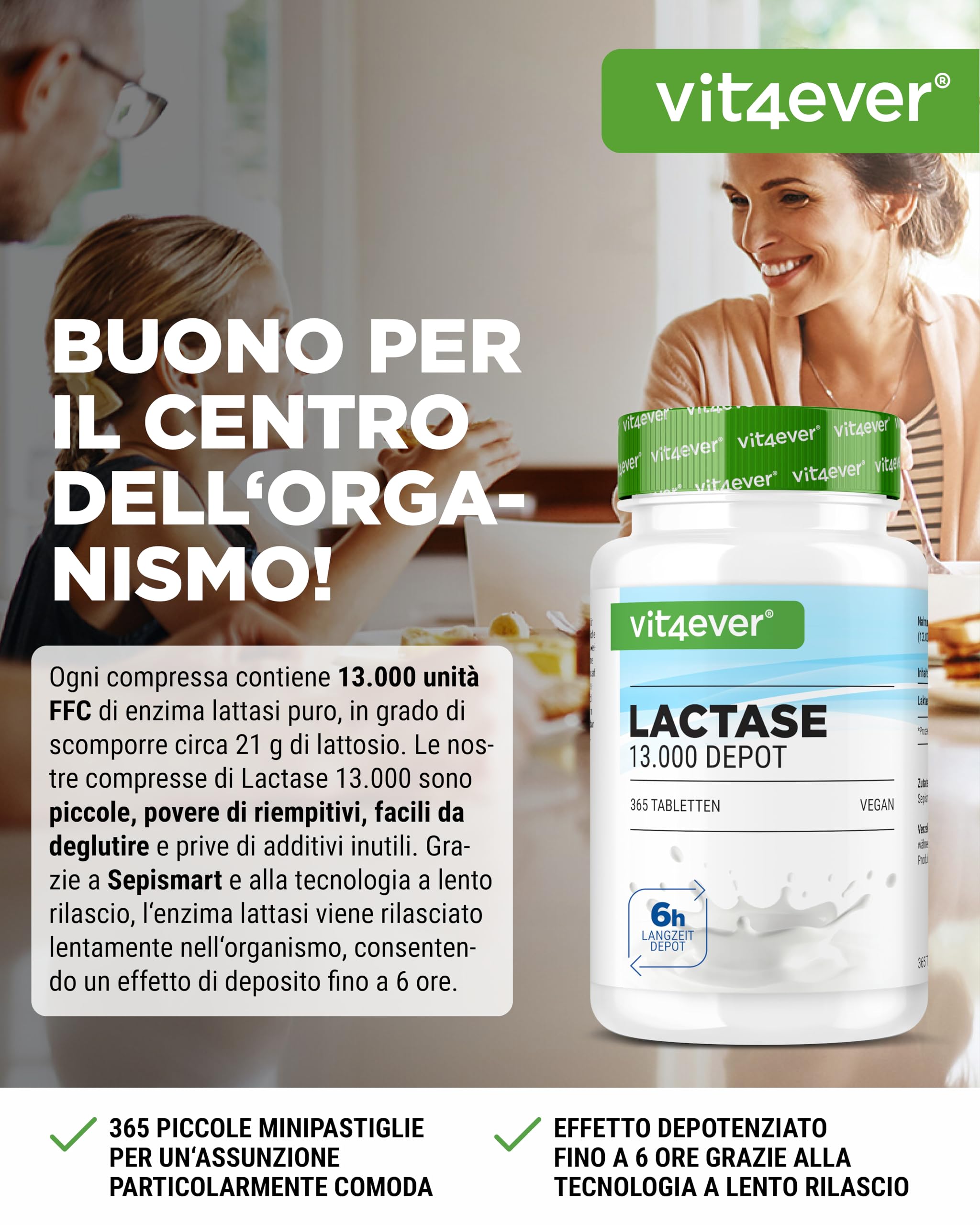 Laktase 13.000 Depot – 365 compresse con effetto depot (Sepismart® Slow Release) – dose elevata di 13.000 unità FCC – In caso di intolleranza al lattosio + intolleranza al latte – Senza additivi
