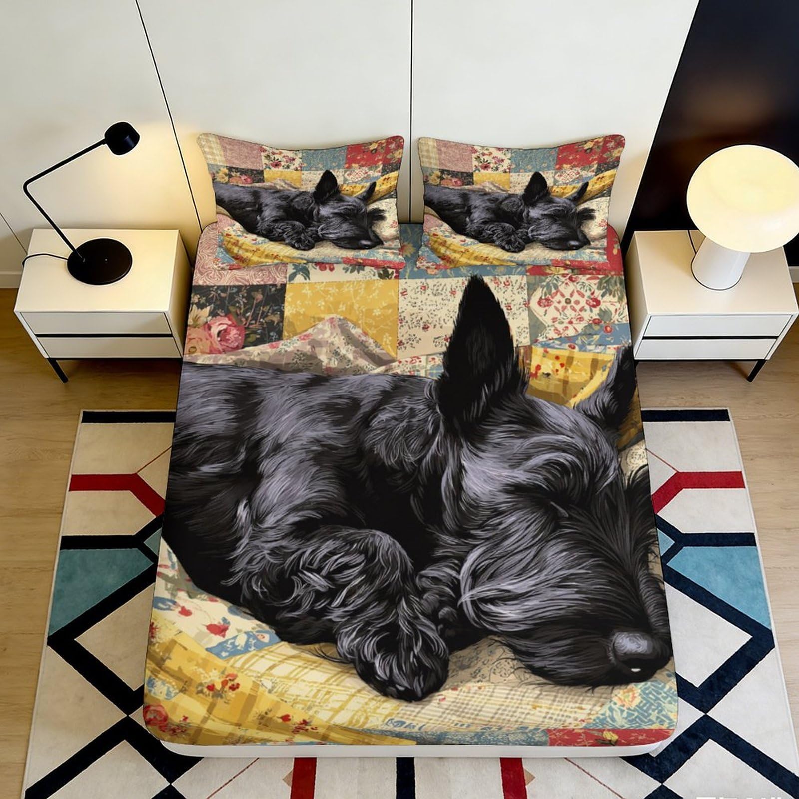 3D Printed Black Scottish Terrier Fitted Sheet Microfiber Soft Non-slip Patchwork Mattress Cover Bedroom Décor 160x200x25cm