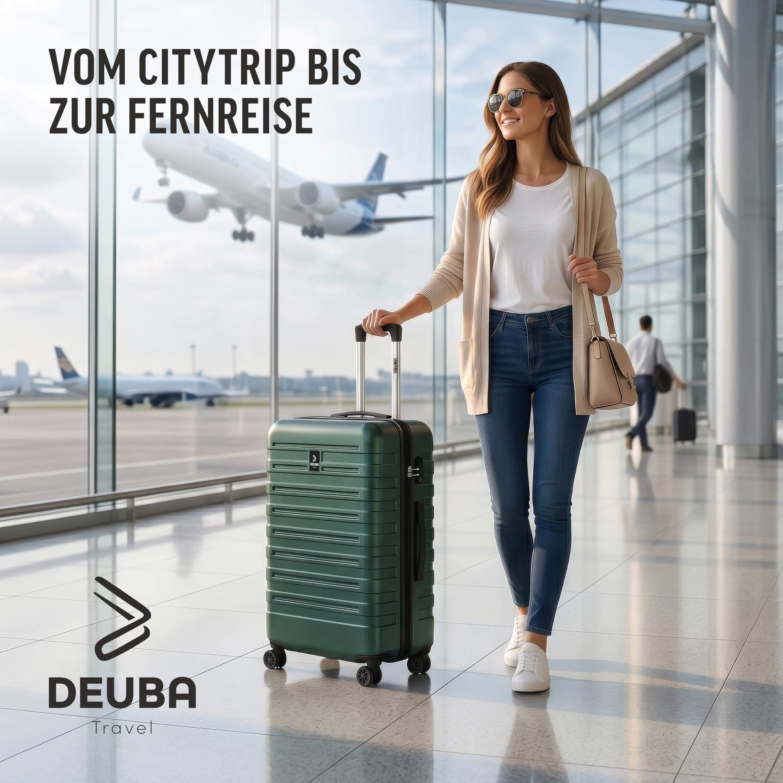 DEUBA® TRAVEL Koffer Set 3tlg 55x40x20 Sicherer Stauraum Kreuzgurt PVC Fach Reisekoffer Groß Trolley Suitcase mit 360° Rollen Hartschalenkoffer Handgepäck Koffer Dunkelgrün