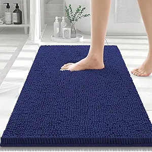Smiry Luxury Chenille Bathroom Rugs 30x20, Extra Soft and Absorbent Shaggy Bath Mat, Machine Washable, Non-Slip Plush Carpet Runner for Tub, Shower, and Floor, Home Decor Accessories, Deep Blue