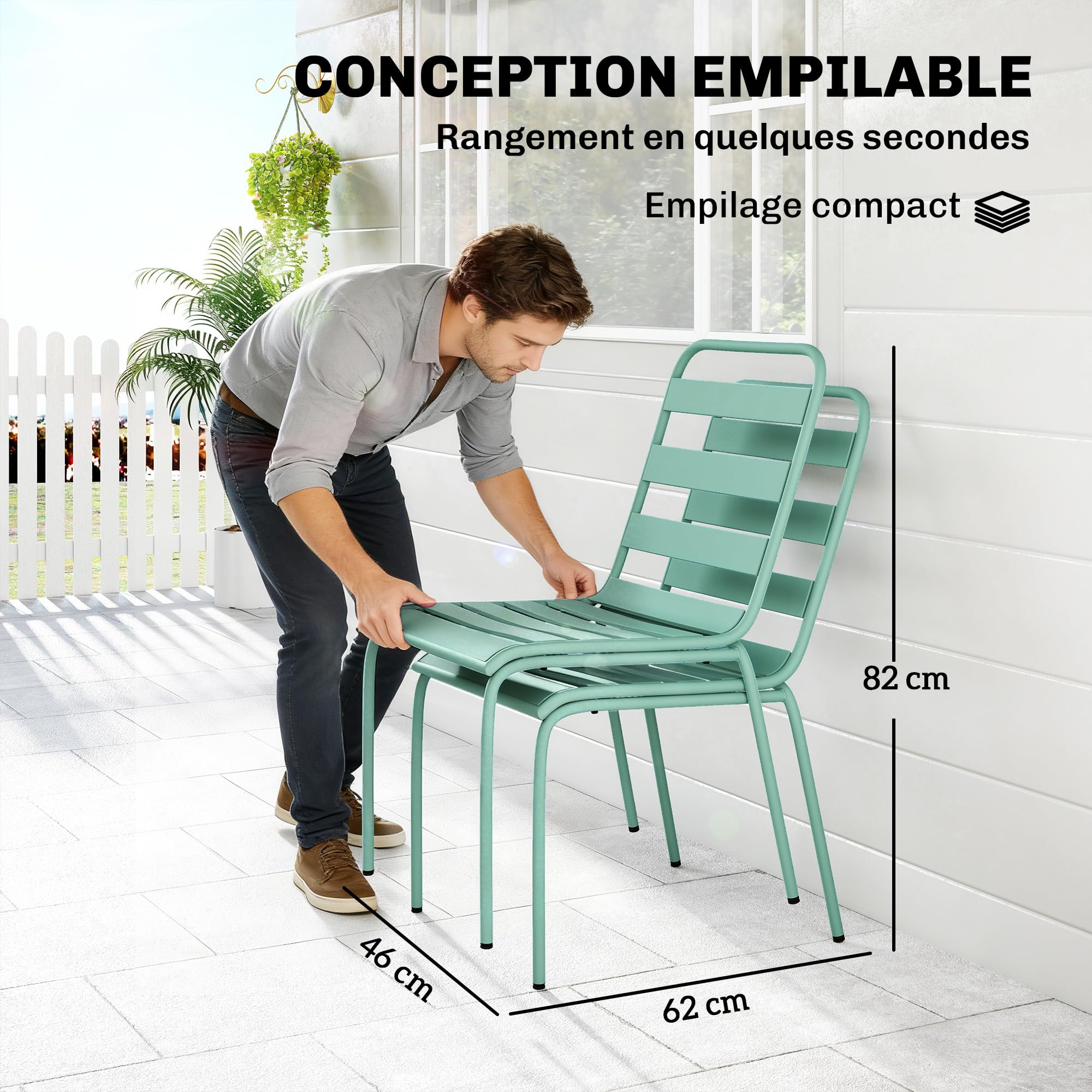 Outsunny Lot de 2 Chaises de Jardin, Empilables en Métal, Balcon, Vert | Chaises pour Salle à Manger Extérieure, Mobilier d'Extérieur pour Jardin