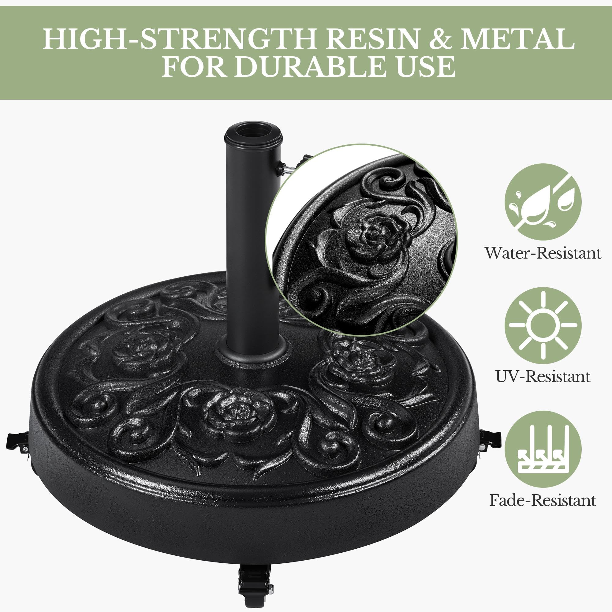 Yaheetech 25 kg Garden Parasol Base with Wheels, Resin Heavy Duty Umbrella Stand Holder, Outdoor Patio Umbrella Base Fits 34/38/48MM Poles with Rose Design Black — view 4