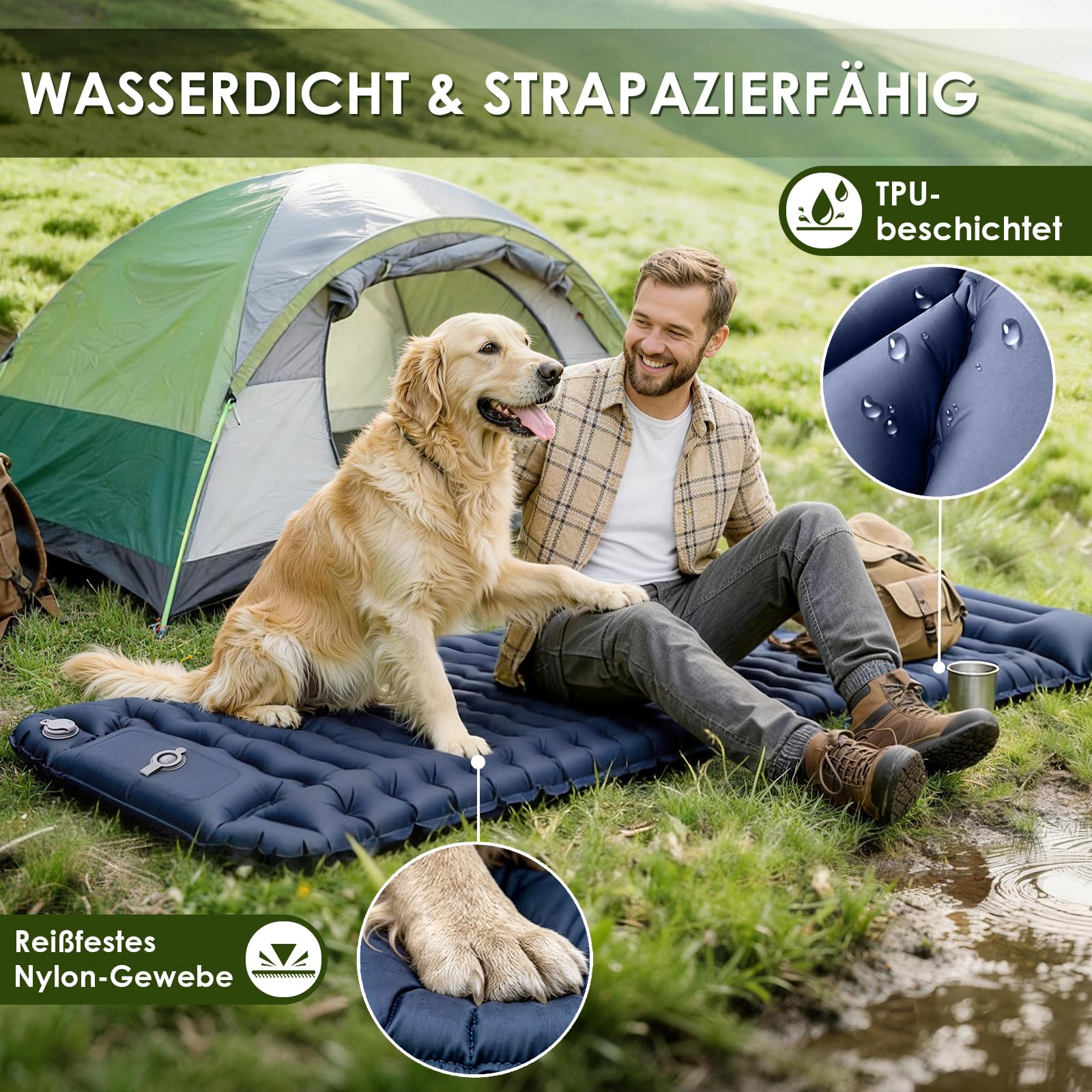Isomatte Camping mit Fußpumpe, Ultraleichte Luftmatratze mit Kissen, 8cm Dicke Schlafmatte, Verbindbares für Einzel- oder Doppelnutzung, Wasserdicht für Camping