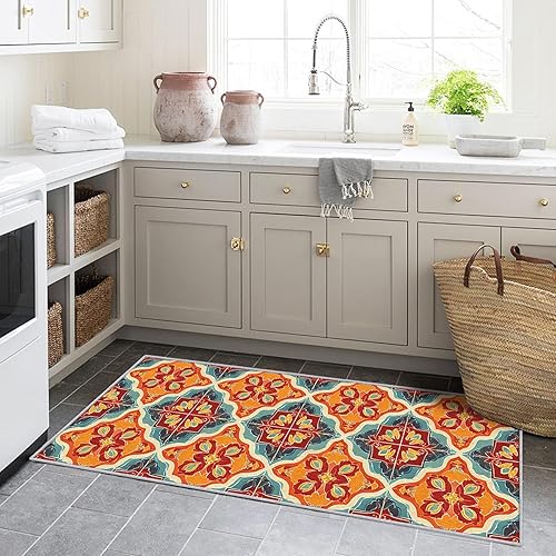 Boho Moroccan Runner Rug Washable Non Slip, 70s Retro Flower 3x9 Runner Rug for Hallway, Vintage Floral Home Decor, Kitchen, Bedroom, Entryway, Low