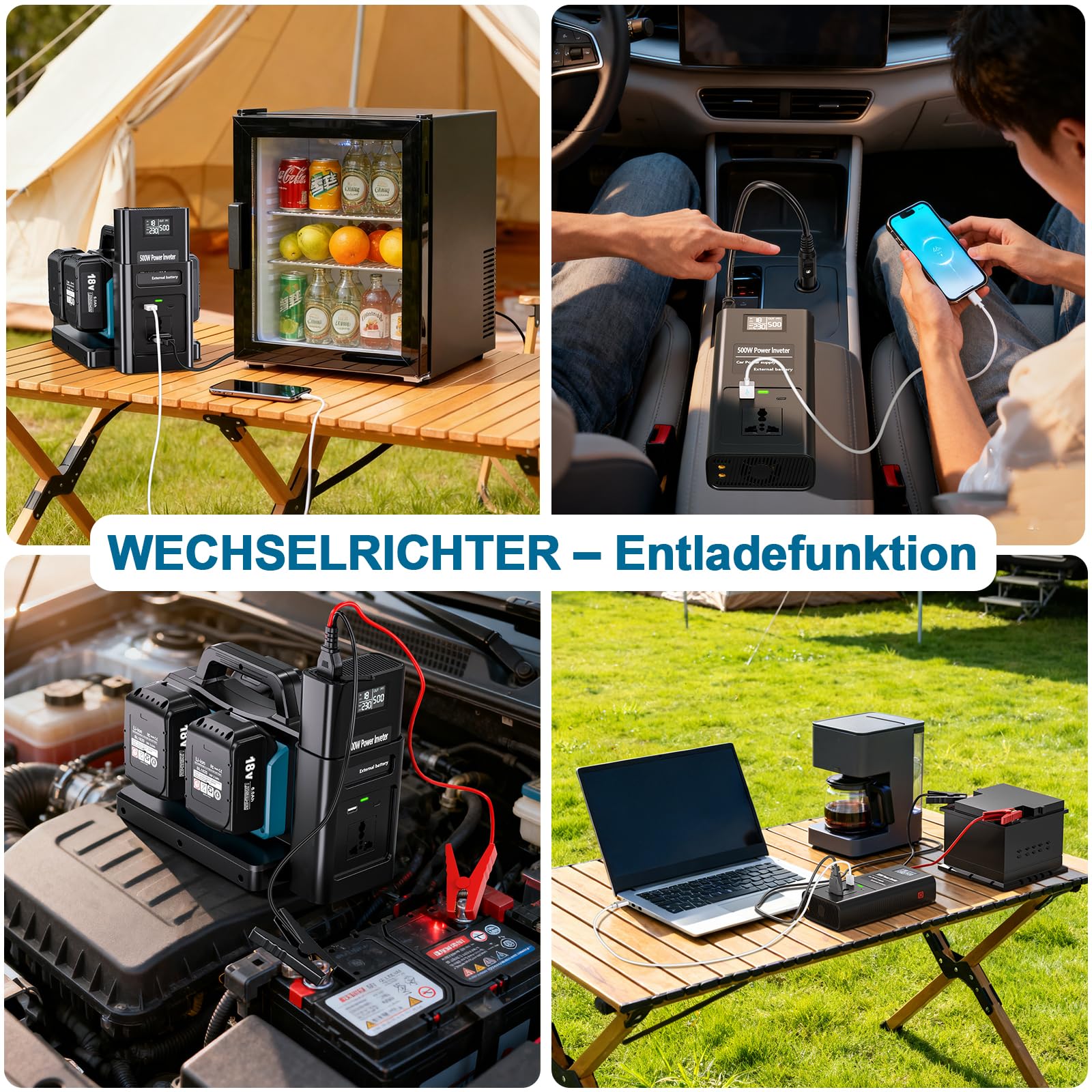 Inverter da 500 W per batteria MT 18 V, DC 18 V a AC 230 V, convertitore di tensione sinusoidale puro, 4 porte con connettore USB-A e USB-C per camper, campeggio