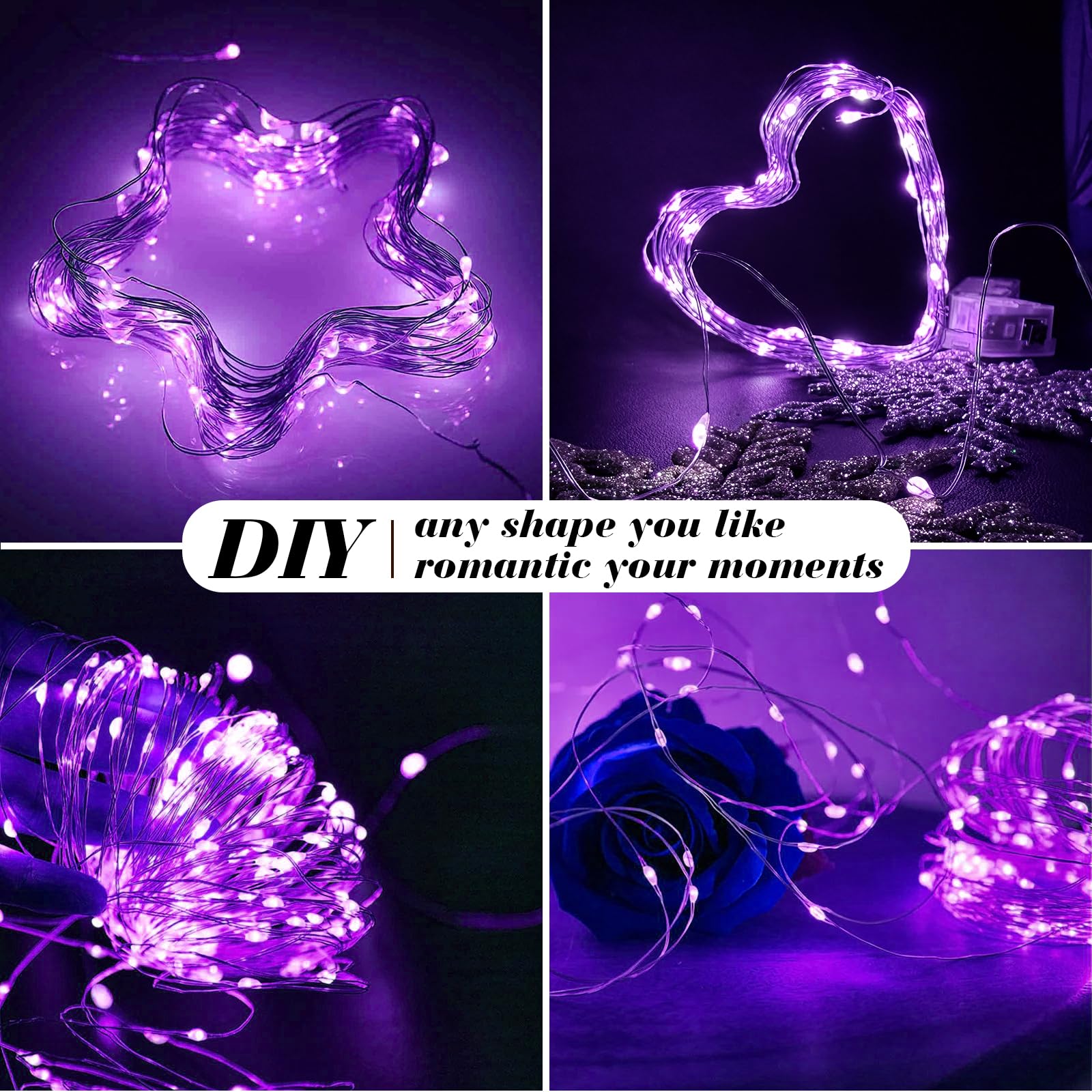Paquete de 12 luces de hadas que funcionan con pilas, cadena de luces de 7 pies, 20 mini luces LED de alambre plateado para bricolaje, fiestas, bodas, dormitorio, decoración de Navidad (morado)