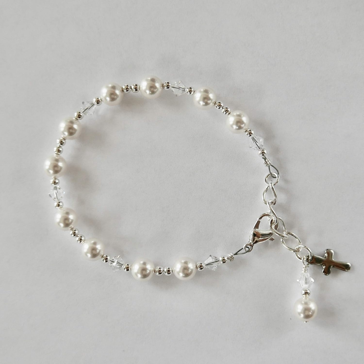 Crystal Pearl First Communion Bracelet for Girls Single Decade Rosary Bracelet with Cross Charm Catholic Baptism Gift, Flower Girl Jewelry, Keepsake Communion Bracelet