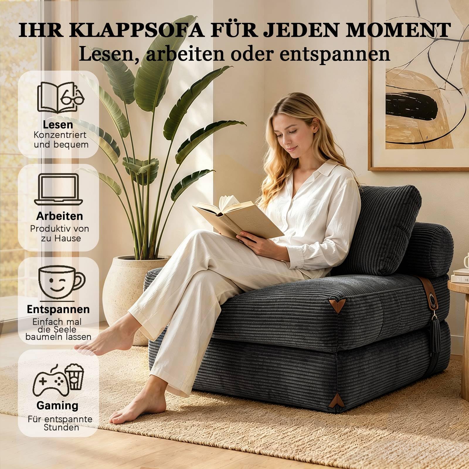 combet Klappbares Schlafsofa mit Schlaffunktion, umwandelbares Schlafsofa mit Kissen und Matratze, tragbares Bodensofa, Gästebett, Liegesessel für Wohnzimmer und Schlafzimmer,170 x 85 cm,Dunkelgrau