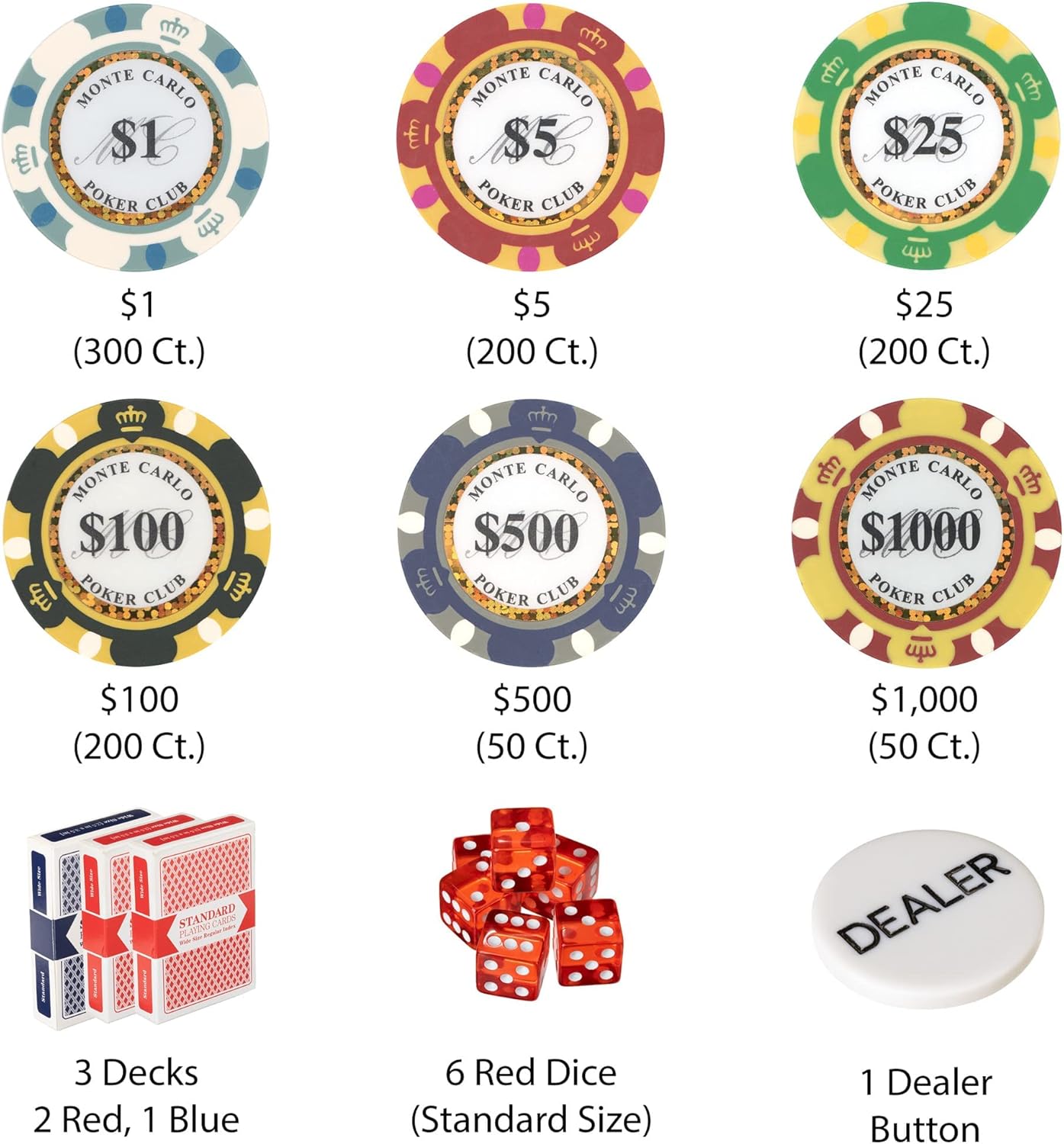 Brybelly 14 Gram 1000 Count Poker Set - Monte Carlo - 14G Clay Composite Chips with Aluminum Case, Playing Cards, Dealer Button for Poker, Texas Hold'em, Blackjack, Casino Games at Home