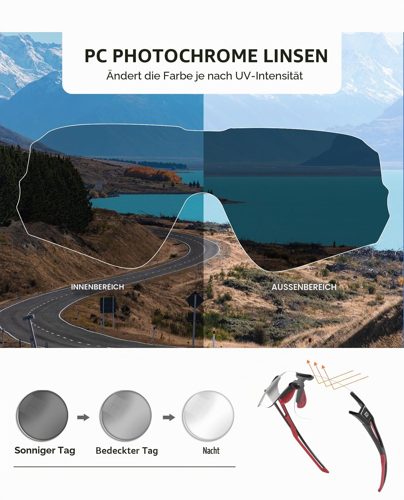 ROCKBROS Fahrradbrille Selbsttönend für Damen Herren, Photochrome Radsportbrille Sonnenbrille mit UV400 Schutz Transprante Gläser für Outdoorsports