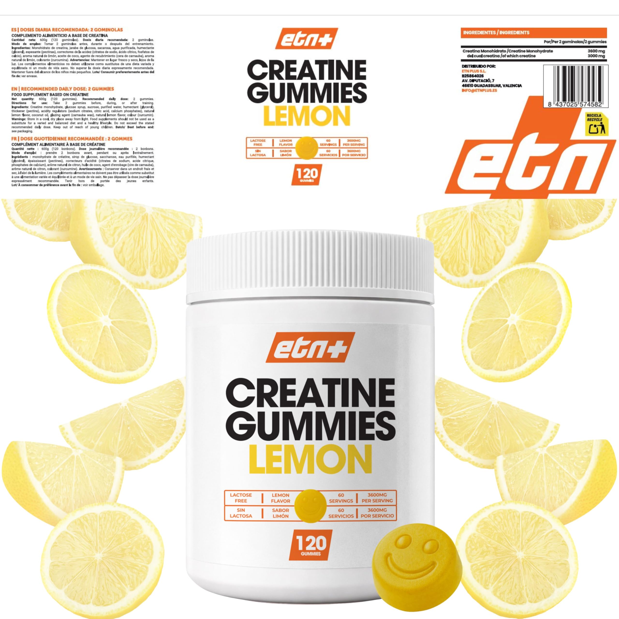 ETN+ Gominolas de Creatina Monohidratada 3600mg | 120 Gummies – 60 Servicios (2 meses) | Sin Azúcar, Sin Gluten | Alternativa Cómoda a la Creatina en Polvo | Ingredientes de Origen Natural | Limón — view 8