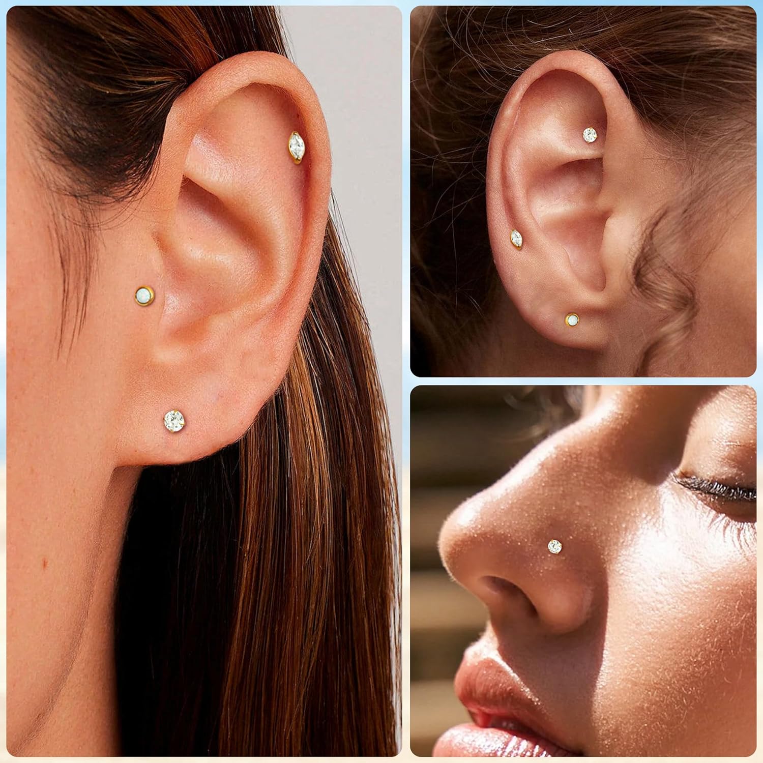 3Pairs 16G 18G Titanium Stud Earrings for Women - Push in Cartilage Helix Tragus Studs - CZ Opal Flat Back - Lip Labret Monroe Nostril - Party, Christmas, Graduation, Beach - Image 6