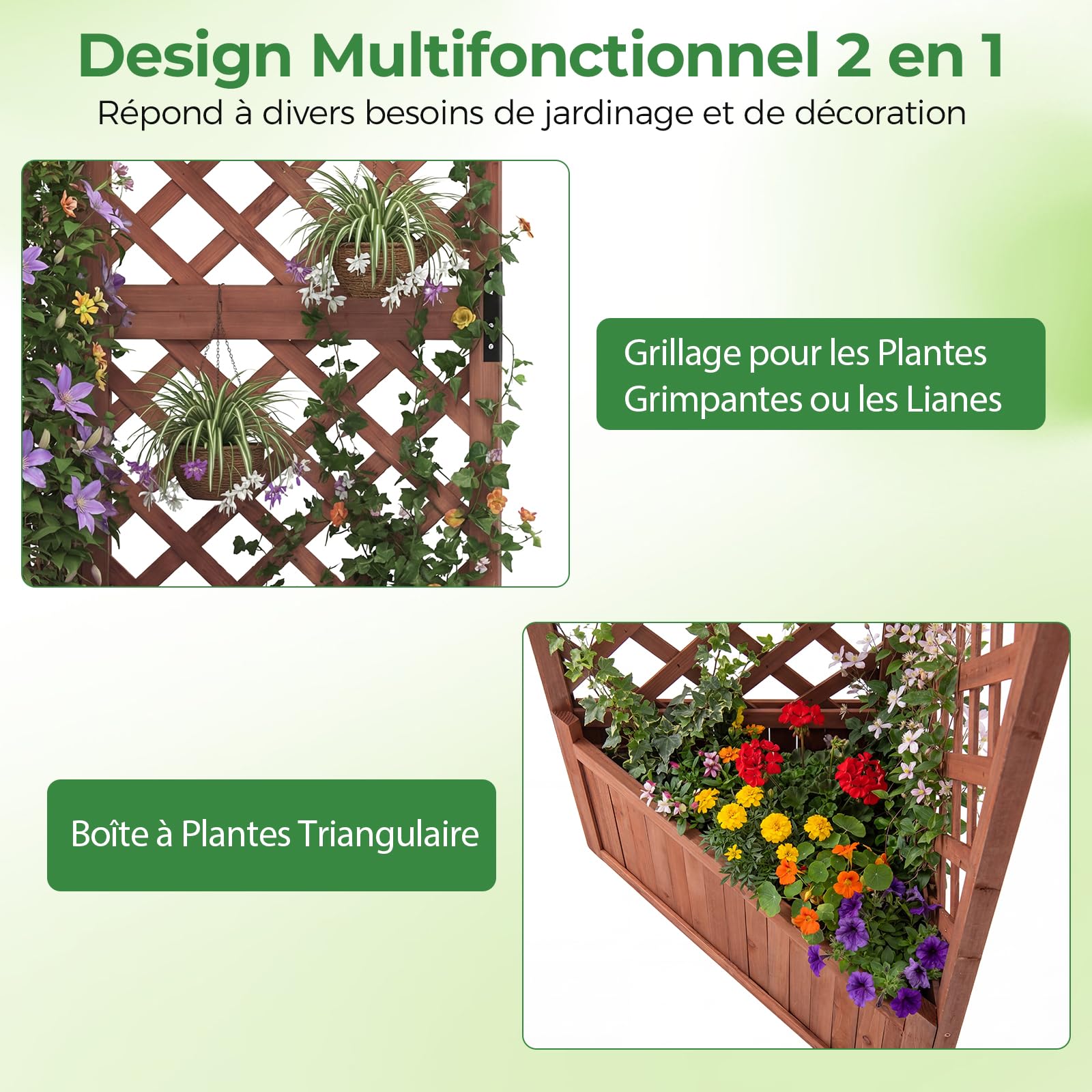RELAX4LIFE Jardinière d'angle avec Treillis, Jardinière Surélevée en Bois de Sapin, Design 90° pour Coins, Base Amovible avec Trous de Drainage, Bac à Fleurs pour Balcon Jardin Terrasse (Marron)