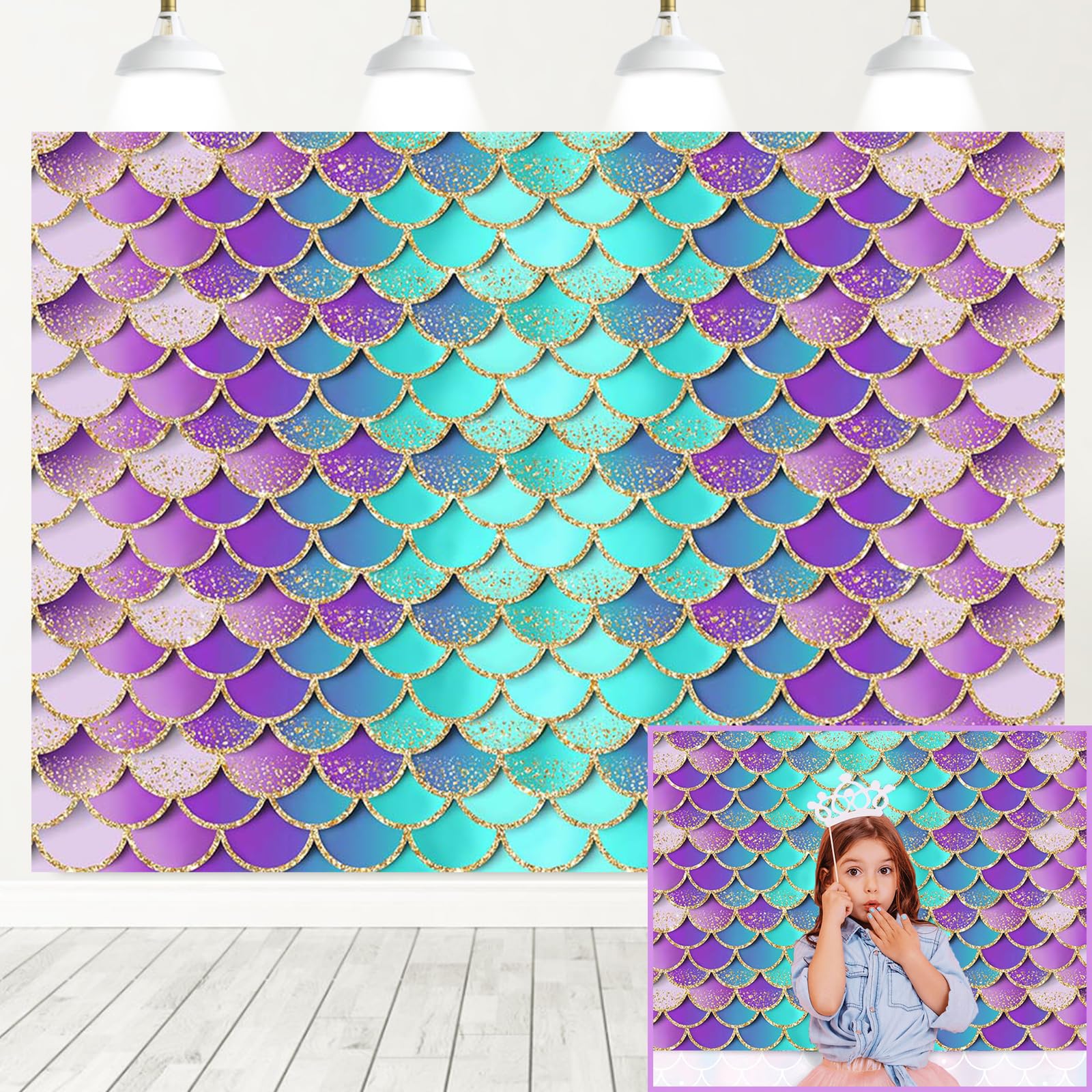 Mermaid Birthday Backdrop Glitter Mermaid Scales Backdrops Kids Party Decor Girls Princess Baby Shower Photo Background Purple Aqua Green Shell Backdrop (7x5ft)