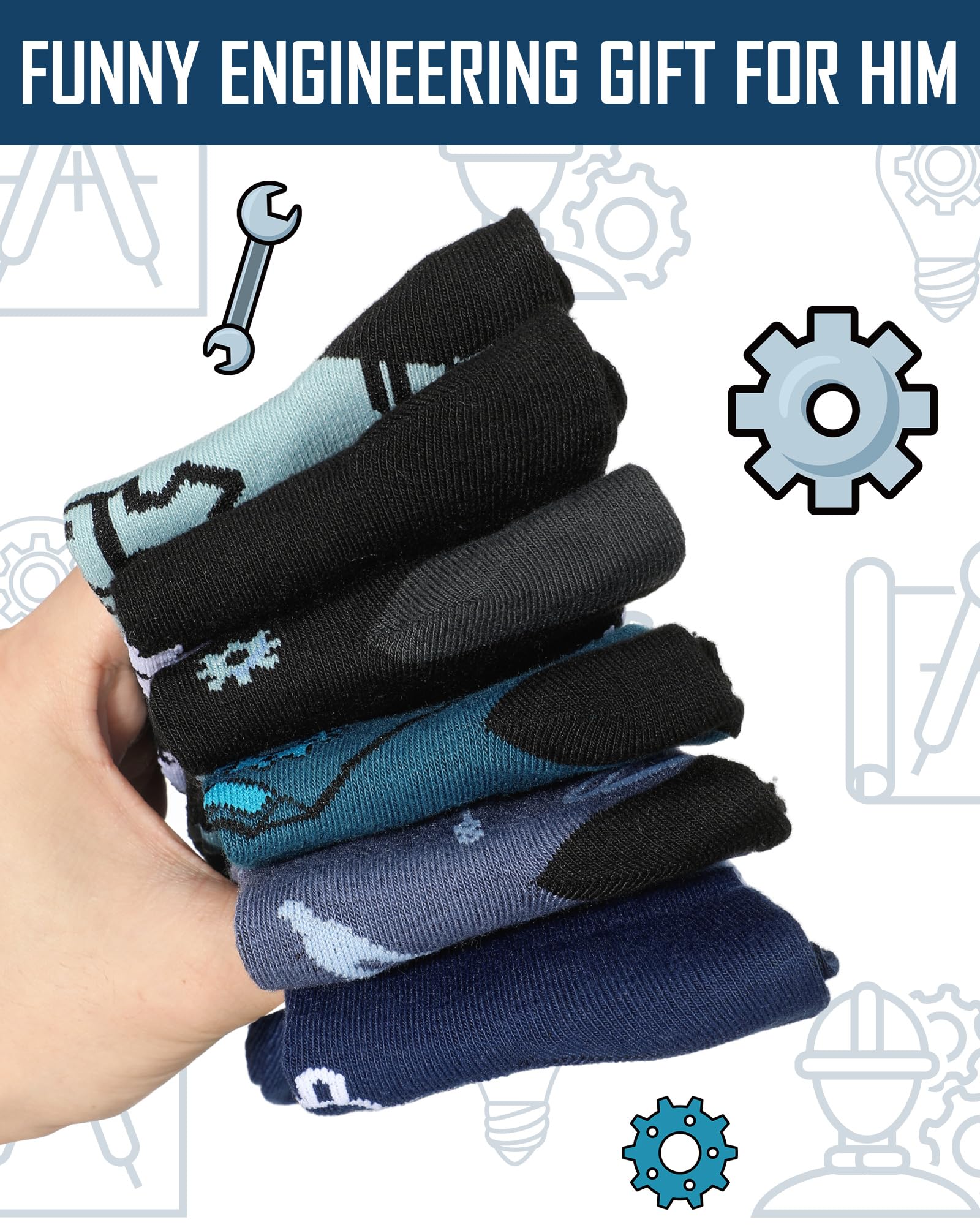 Eurzom 6 Pairs Men's Novelty Engineering Socks Funny Cotton Crew Dress Socks Birthday Father's Day Gift for Engineer Dad Grandpa