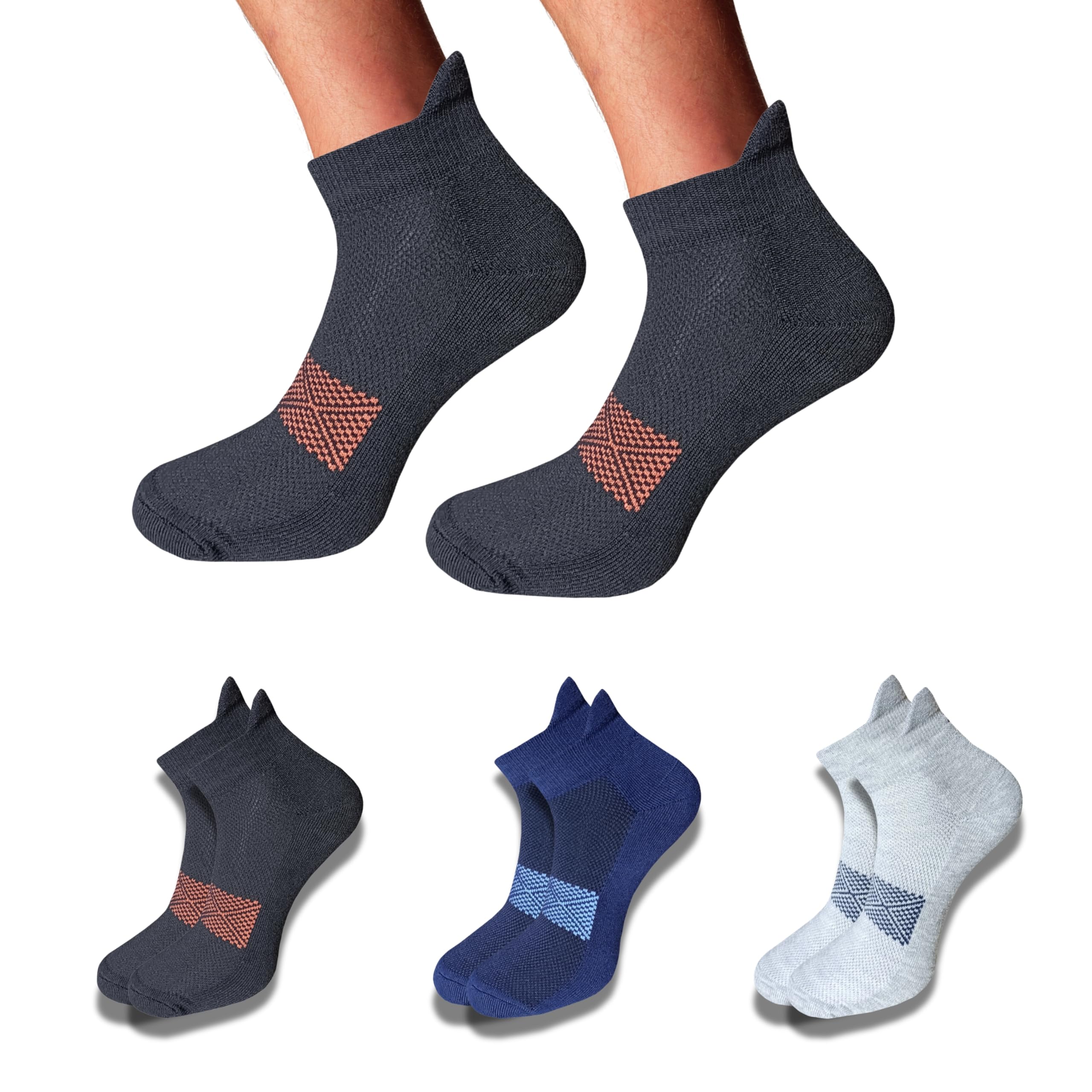 EcosyncCotton Socks for Men Combo - Ankle Socks for Men Cotton, Pack of 3, Black, Navy Blue, Light Grey, 58% Cotton, Breathable & Durable, Unisex Socks - Mens and Womens