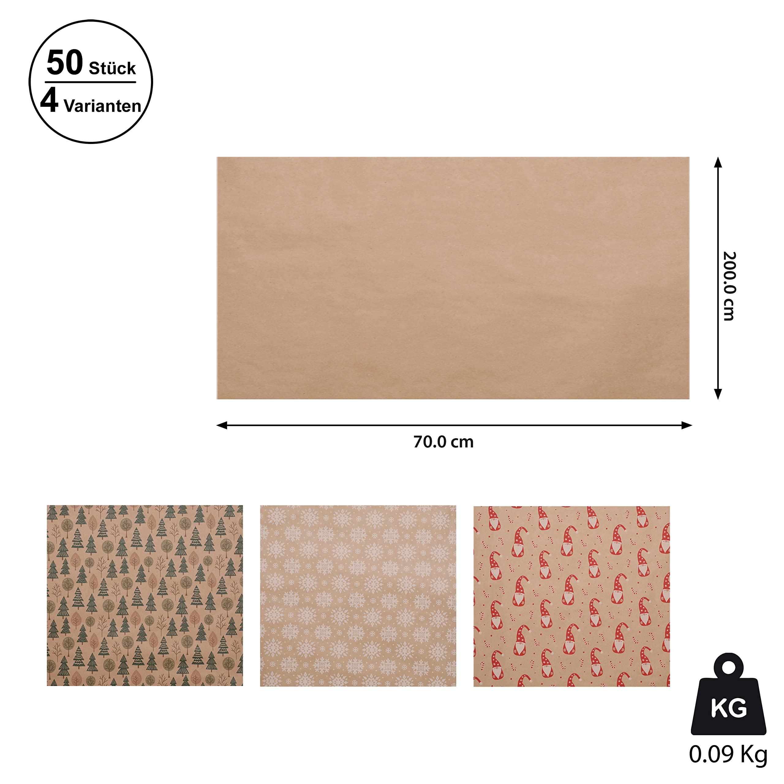 Geschenkpapier 50er Pack 4 Motive à 6 Stück | Papier natur 70x200cm | Geschenkpapierrolle Geschenkverpackung (1 x 50er Pack Geschenkpapier nature)