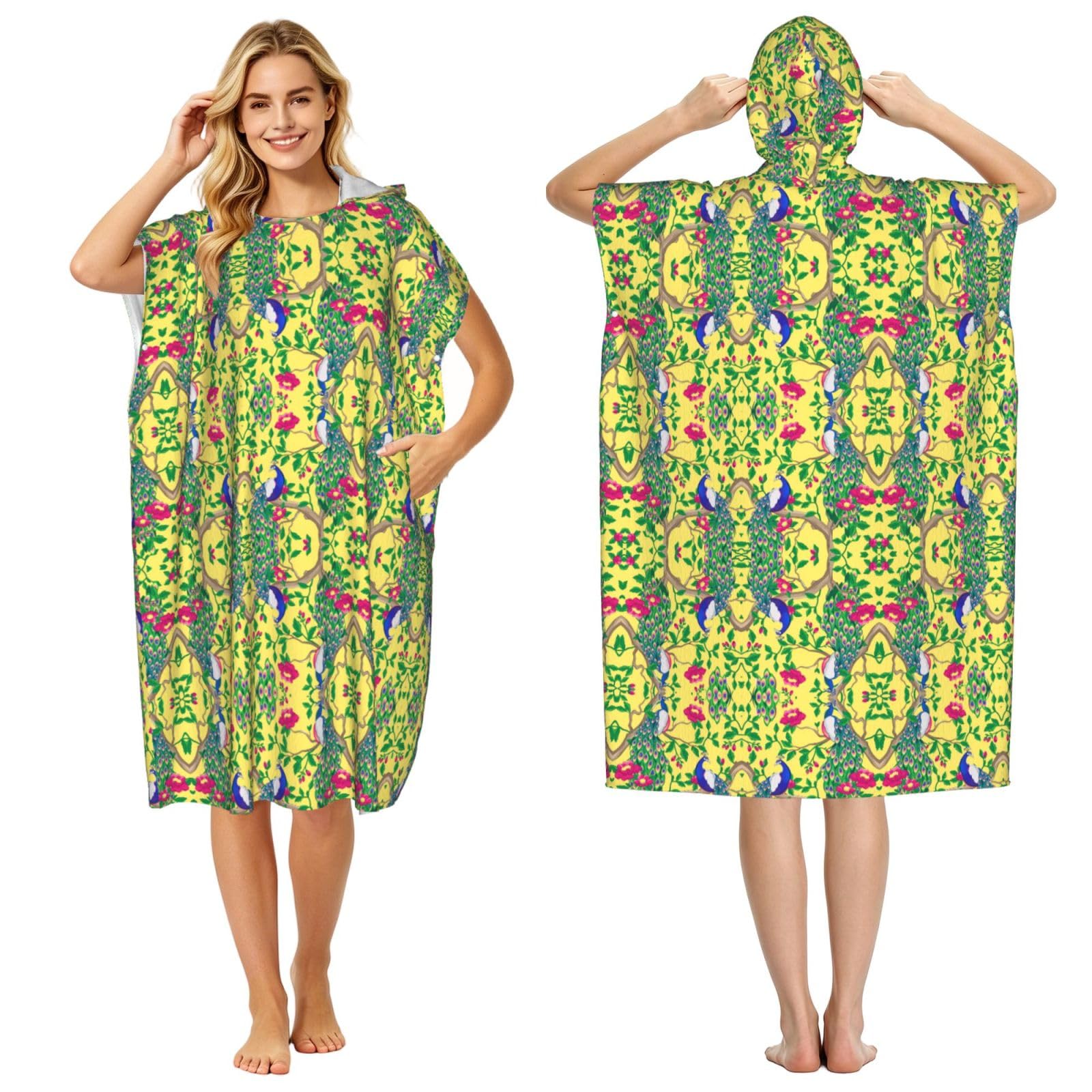 ESNAIUVCD Beautiful Peacock Print Changing Robe, Hooded Towel Poncho For Swimming Pool, Beach,Quick Dry & Light Weight Towelling Poncho For Adults Women Men