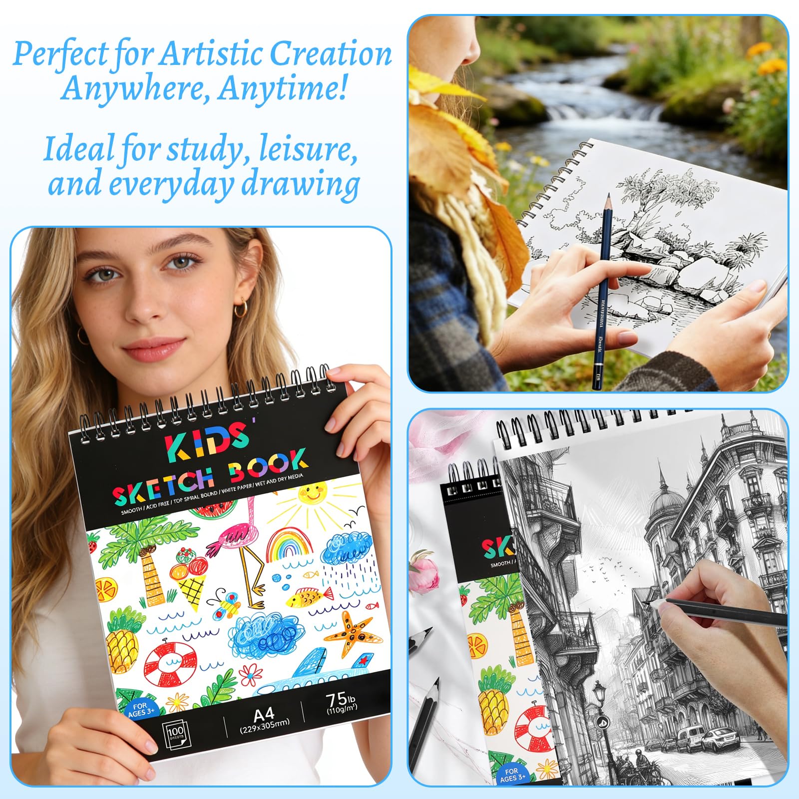 Cuaderno de Dibujo A4 100 Hojas, Bloc de Bocetos con Espiral y Tapa Dura, Papel de Dibujo 110 g/m² a Doble Cara, 200 Páginas, Sketchbook para Estudiantes y Artistas, Drawing Book