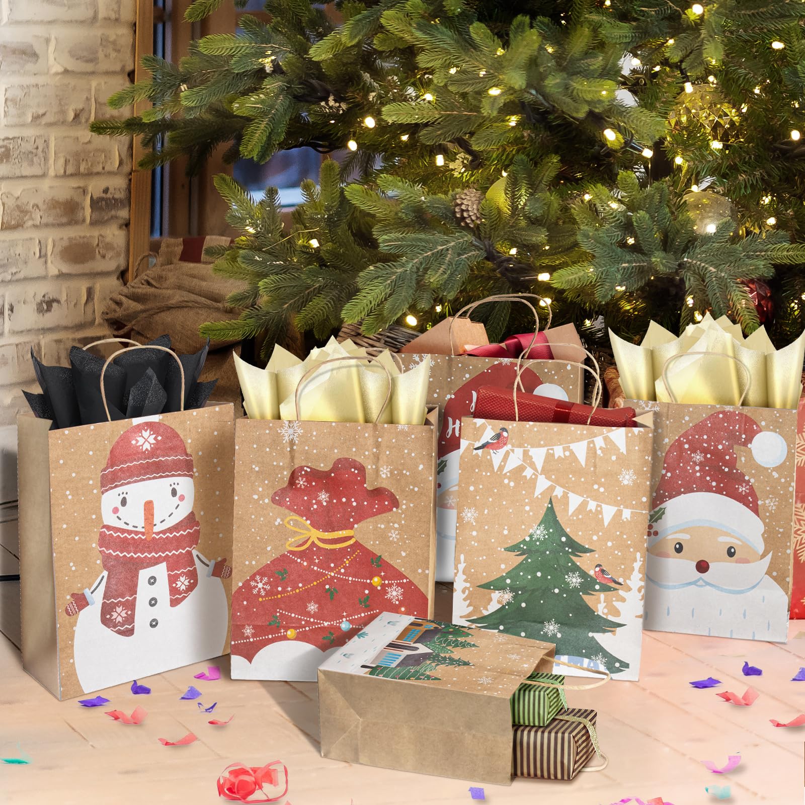 CHARMGIFTBOX Christmas Gift Bags, 24-Pack Kraft Paper Gift Bags with Handles, 12 Large 13” & 12 Medium 9” Assortment for Holiday Party Favors, Gift Wrapping, Xmas Decor