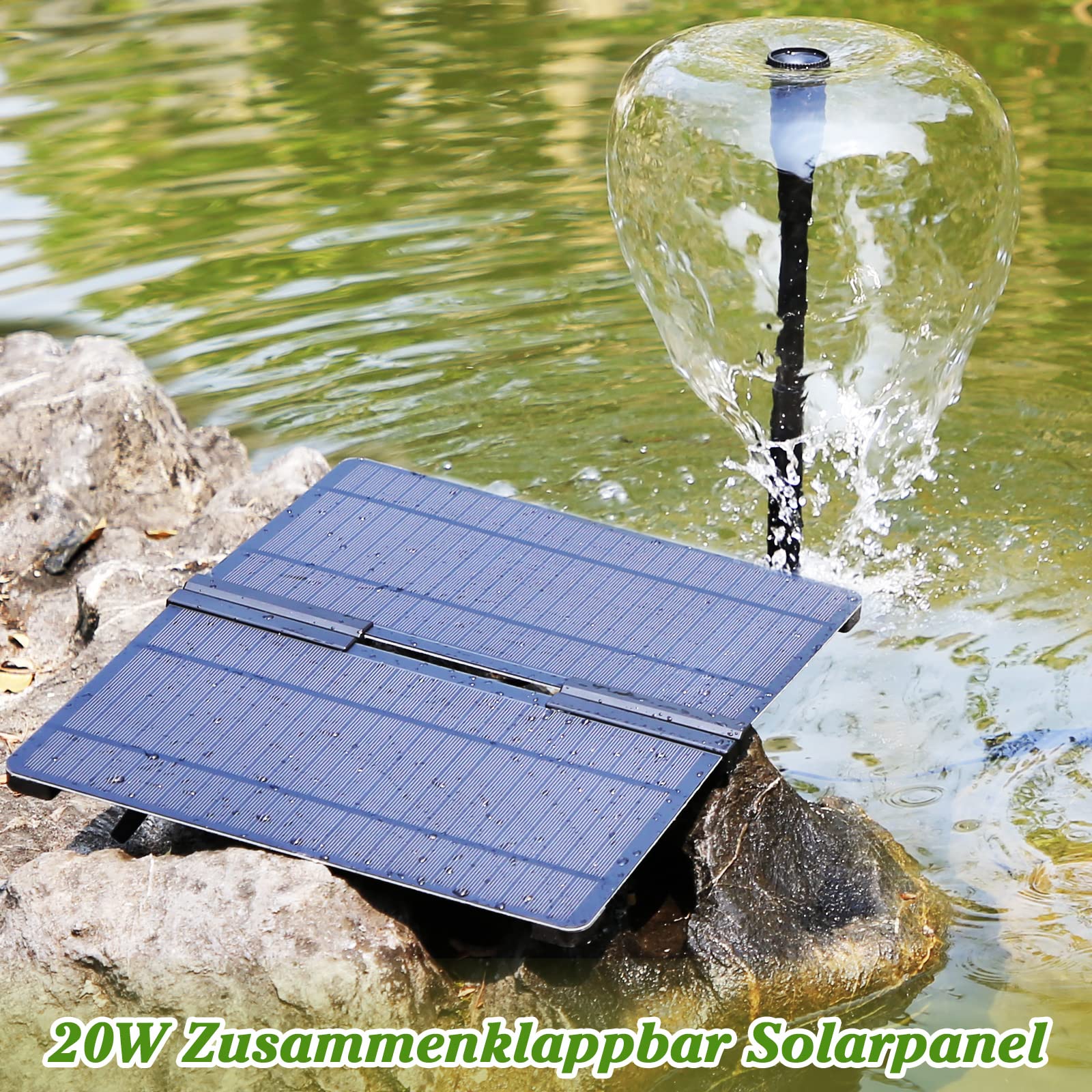 AMZtime Solarbrunnen für Draussen, Aufrüstung 20W Falten Solar Teichpumpe | Solar Springbrunnen für Außen mit 6 Fontänenstile und Verstellbarem Ständer Teichpumpe Solar für Garten,Teich,DIY-Wasserspiel