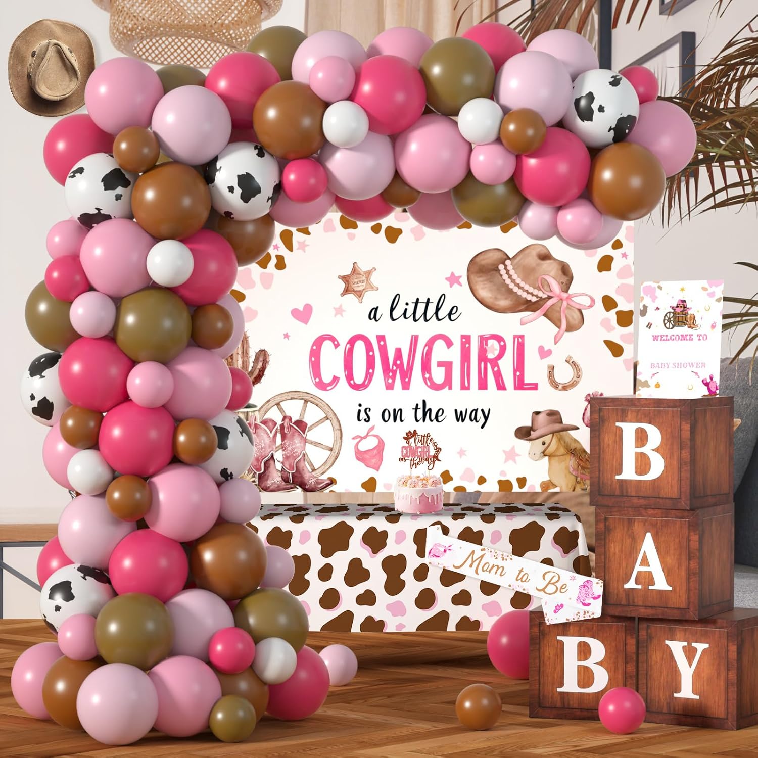 Little Cowgirl Baby Shower Decorations - Pink Western Girl Baby Shower Decorations with Cowgirl Balloons Arch, A Little Cowgirl is on The Way Backdrop & Tablecloth, BABY Boxes and CowGirl Cake Toppers