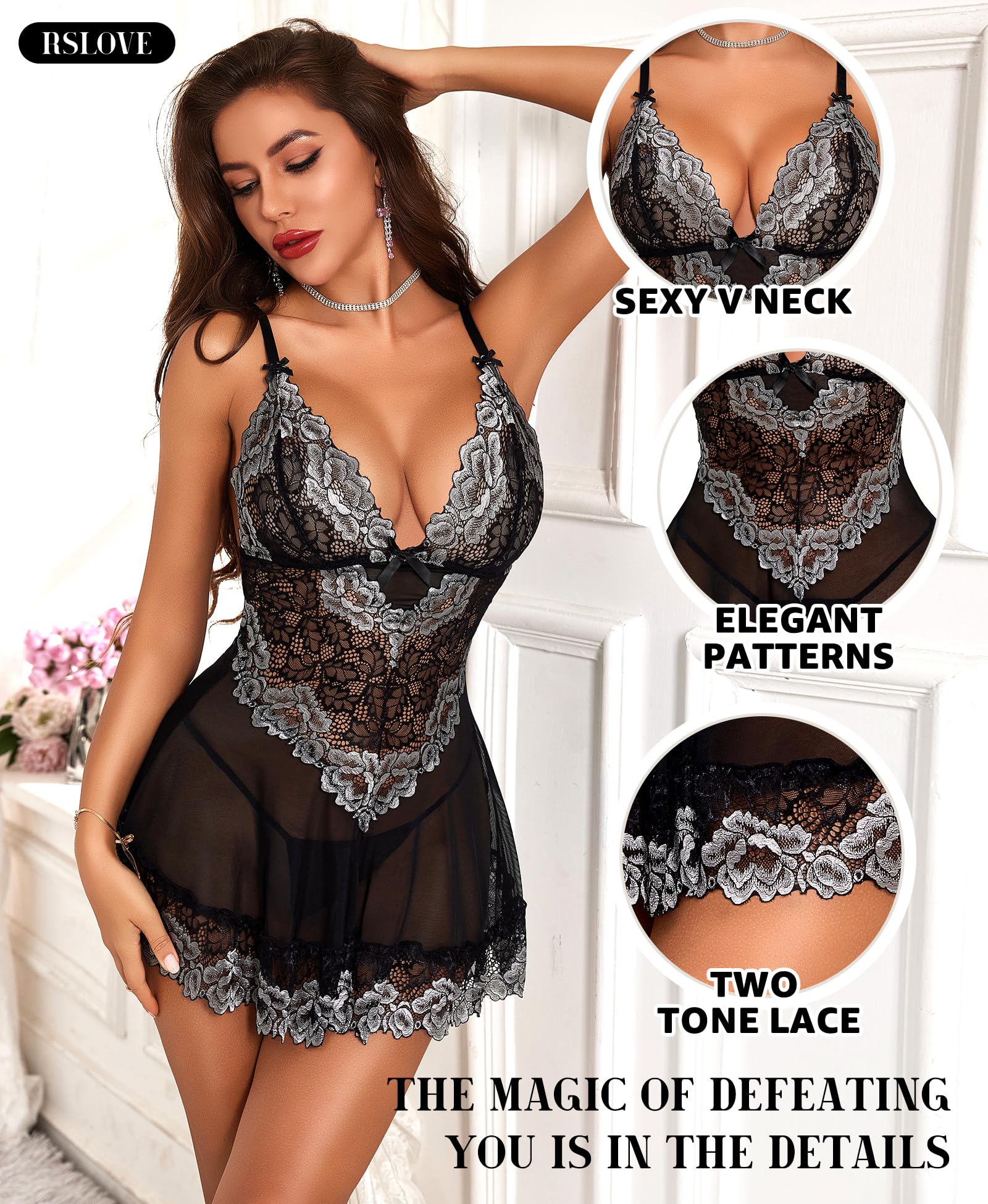 RSLOVE Lingerie per Donna Babydoll in Pizzo Camicia da Notte Sexy in Maglia Chemise con Scollo a V Abito da Notte