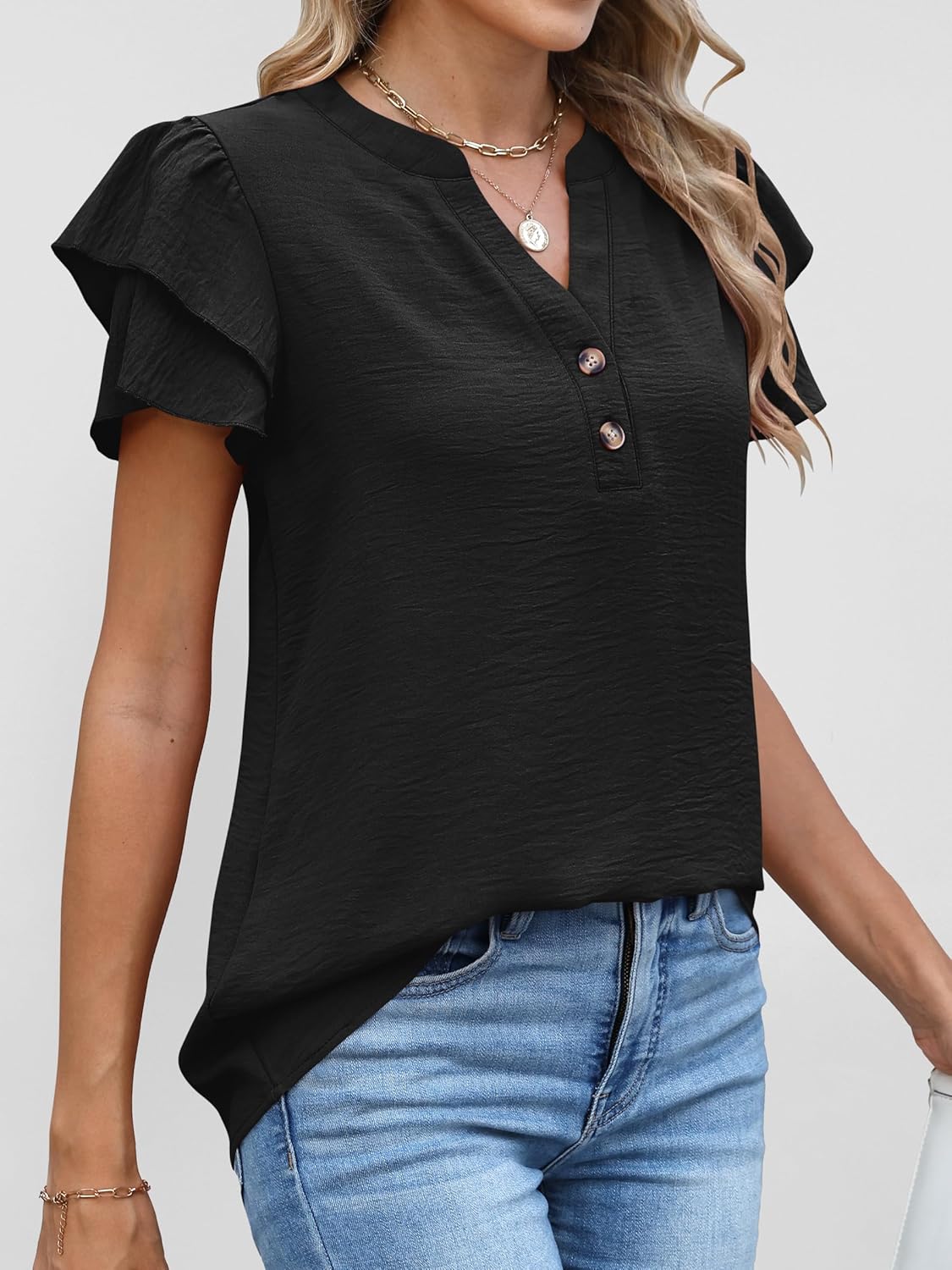 ANRABESS Women Tops Ruffle Short Sleeve V Neck Dressy Blouse Summer Elegant Work Henley Shirts Spring Business Casual Outfits - Image 5