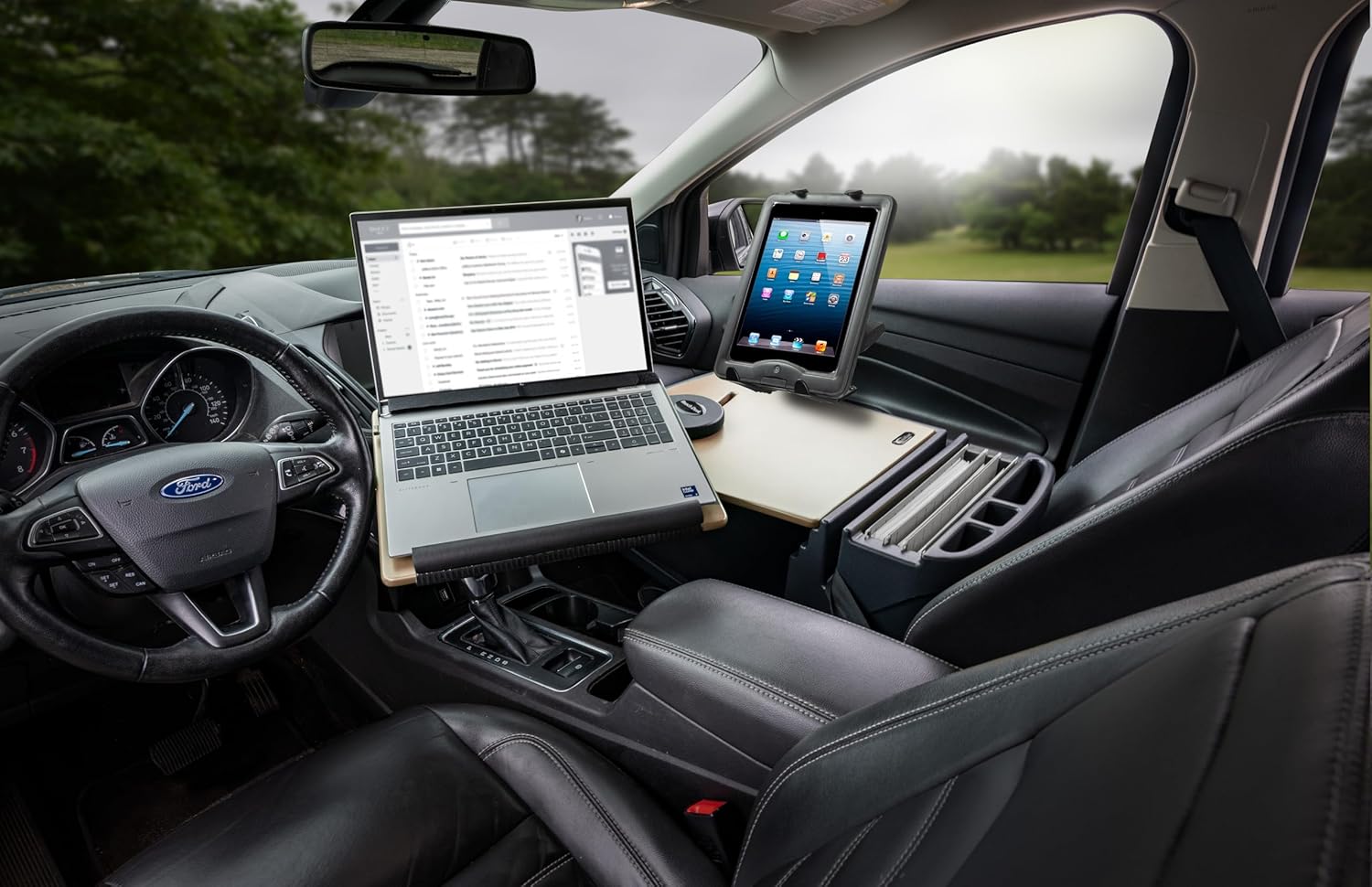 AutoExec Reach Desk Front Seat Car Desk for Your Vehicle Workstation and Mobile Office, Mojave, with 400 watt Power Inverter and Tablet Mount