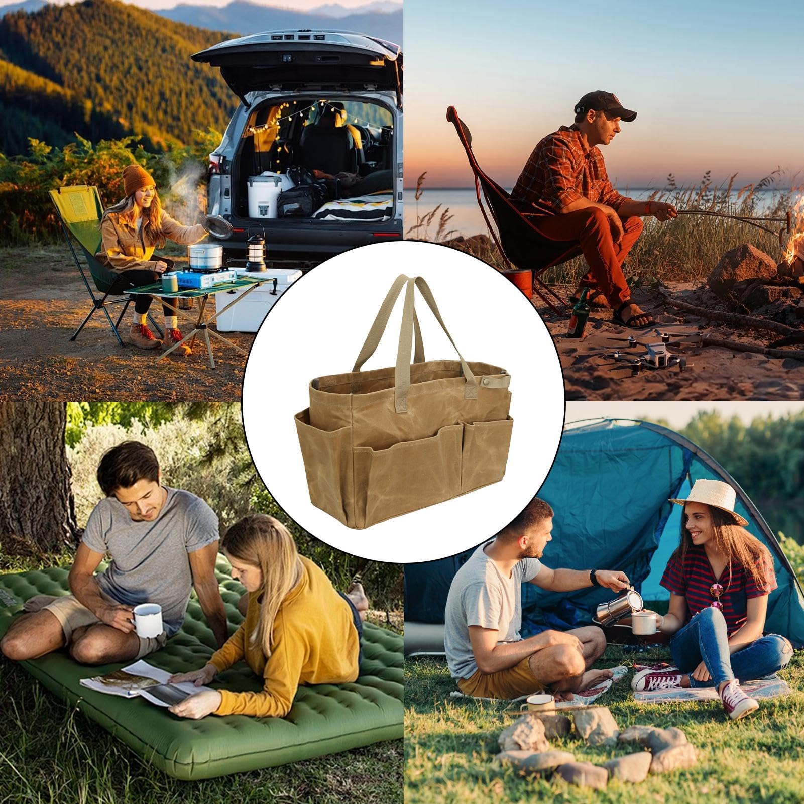 Genérico Camping Picnic Storage Bag, Waterproof Waxed Canvas Tote, Large Multifunctional Outdoor Bag for Camping for Cookware, Grilling, and Garden Tools 46x17.5x28cm