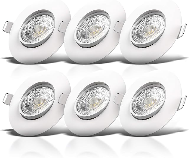 B.K.Licht Set of 6 LED recessed spotlights with 6X Built-in 5W LED modules, Ultra-Flat downlights, pivoting, Warm White Light, 460Lm, Ceiling Cut-Out Ø68mm/2.6in, no Transformer Required, 230V IP23