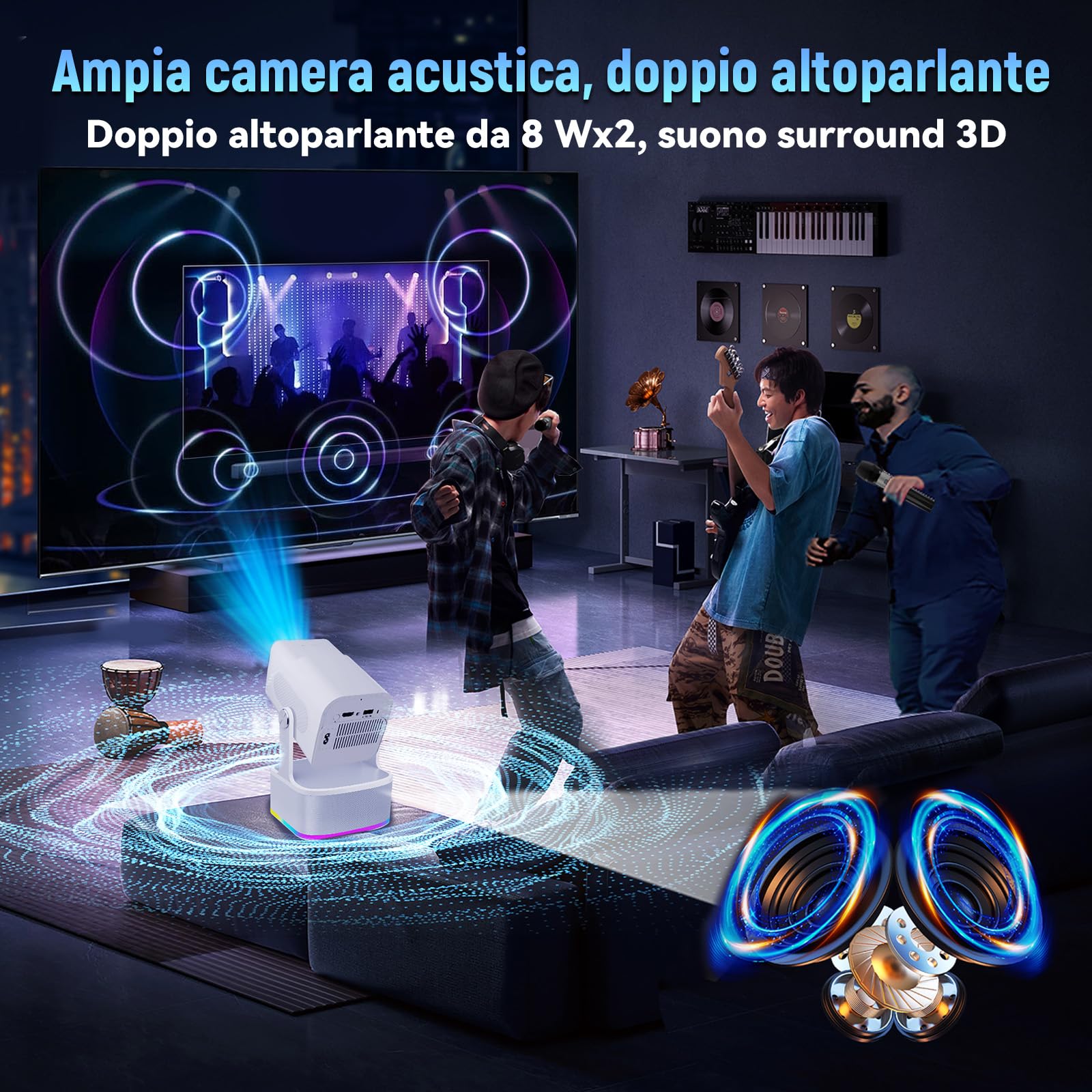 HCS350 PLUS Mini Proiettore 4K,20000 Giochi+Karaoke+Altoparlante 4 in 1 Proiettore Portatile con Telecomando Vocale/Microfono Ricaricabile,1920*1080P Videoproiettore,450 ANSI,Android 11,WiFi 6+BT 5.4