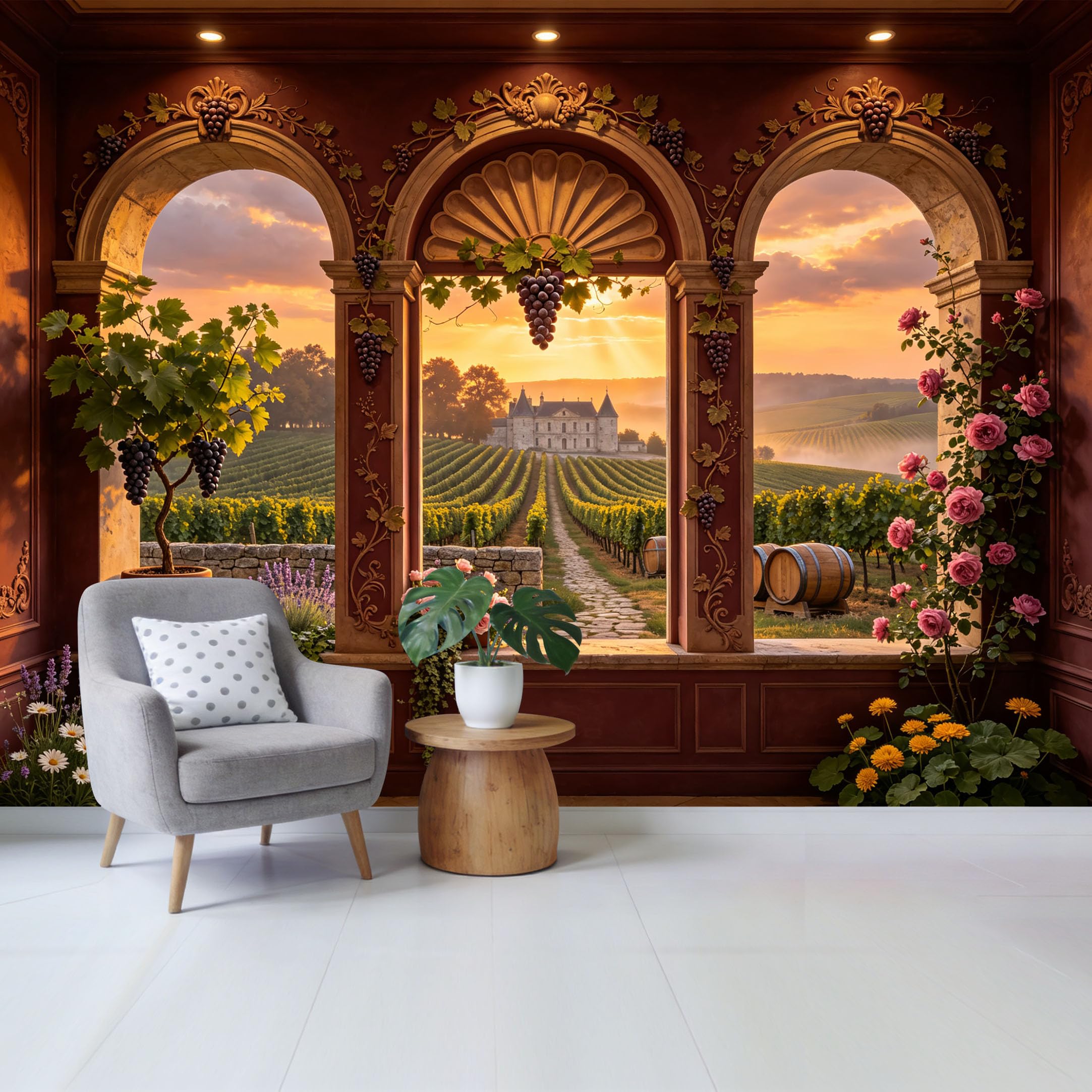 Removable Self Adhesive Fabric Mural， Tuscan Vineyard Sunset Landscape Custom Size Wall Covering， UV Protected Waterproof Washable Wall Decor for Living Room Bedroom Bathroom