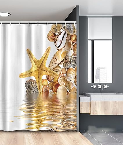 Ambesonne Seashells - Cortina de ducha, conchas y estrellas de mar, reflejo de agua, amarillo dorado, tema de playa transparente, juego de