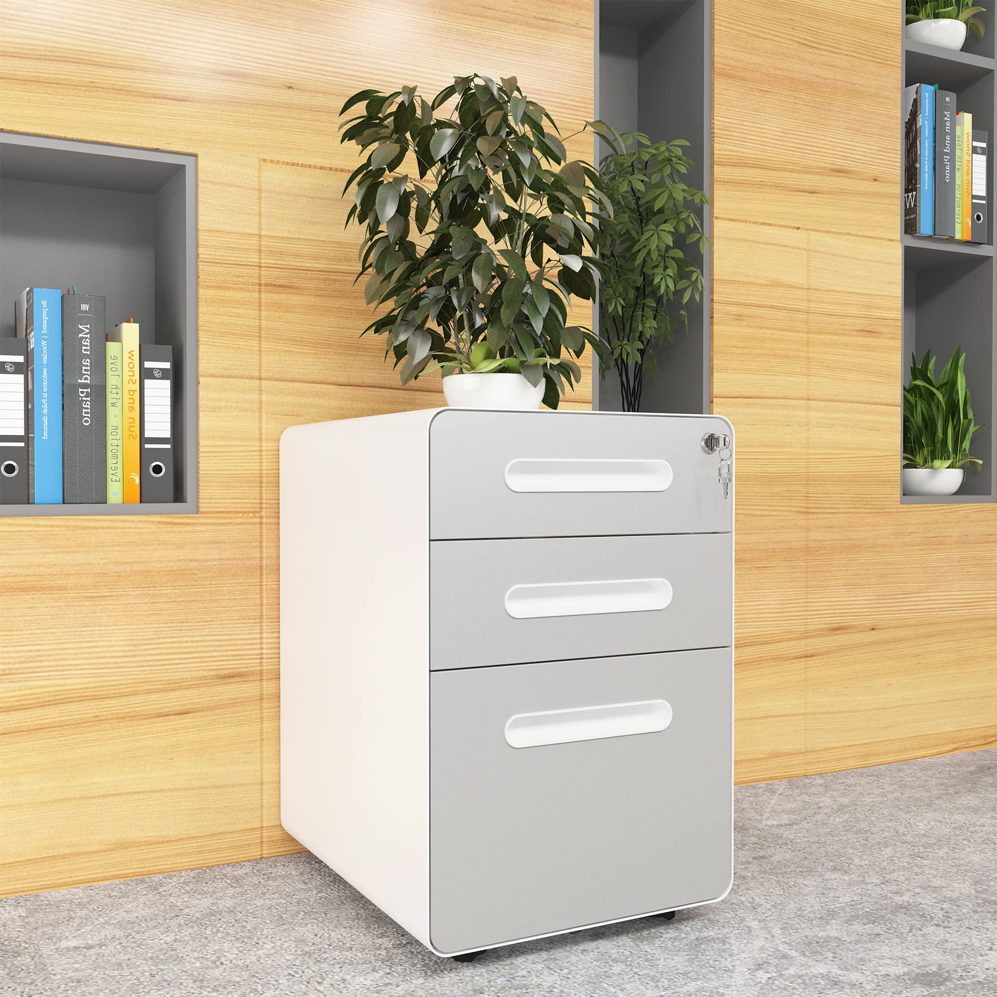 YITAHOME Rollcontainer, Metall Rollcontainer mit 3 Schubladen für A4, Legal, Letter, Abschließbar Aktenschrank Büroschrank mit 4 Rollen für Home-Office, 48 x 38 x 58cm, Weiß + Grau